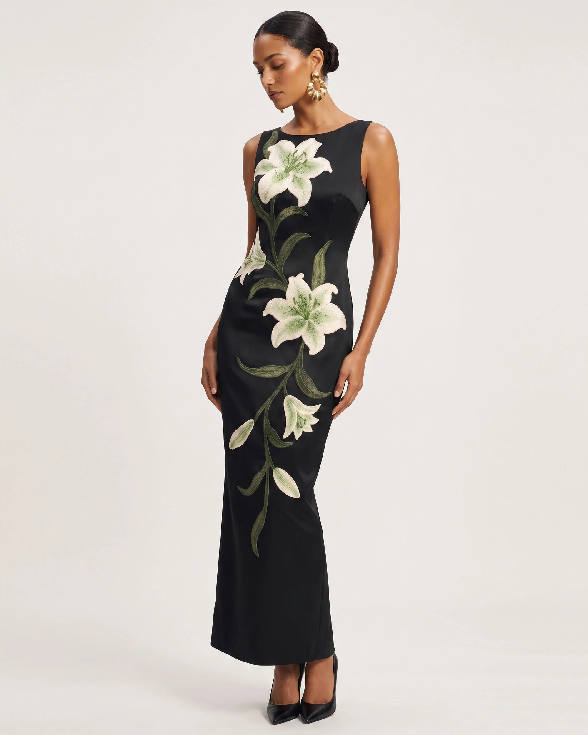 Lily Floral Print Sleeveless Column Maxi Dress - Black - FASHION NOB