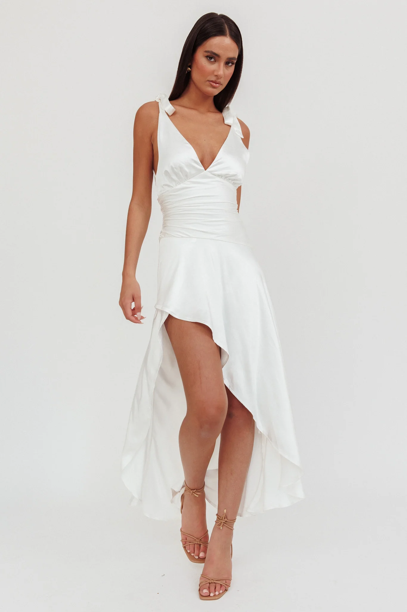 Aquila Tied Shoulder High-Low Hem Dress Oyster