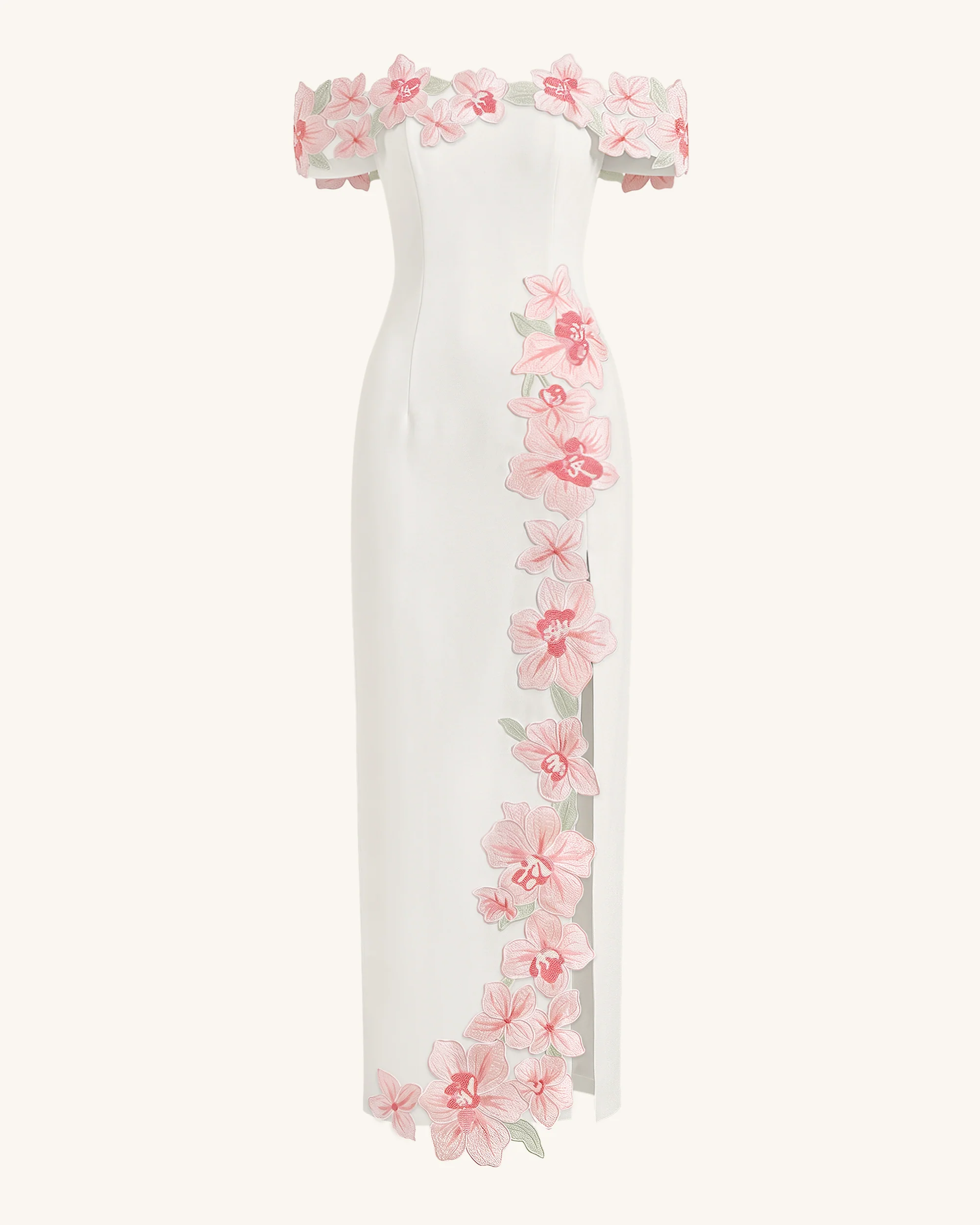 Flower Embroidered Off-Shoulder Maxi Dress - Ivory