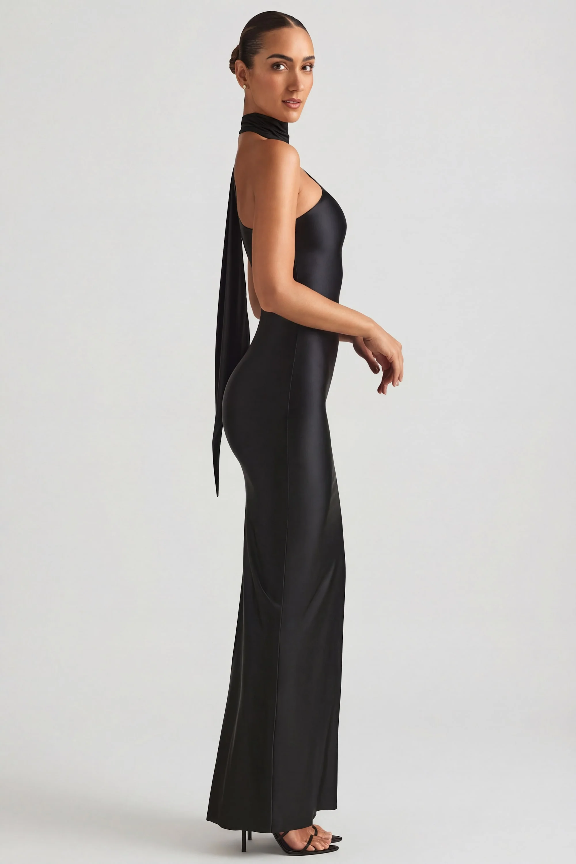 Asymmetric Scarf-Detail Maxi Dress in Black