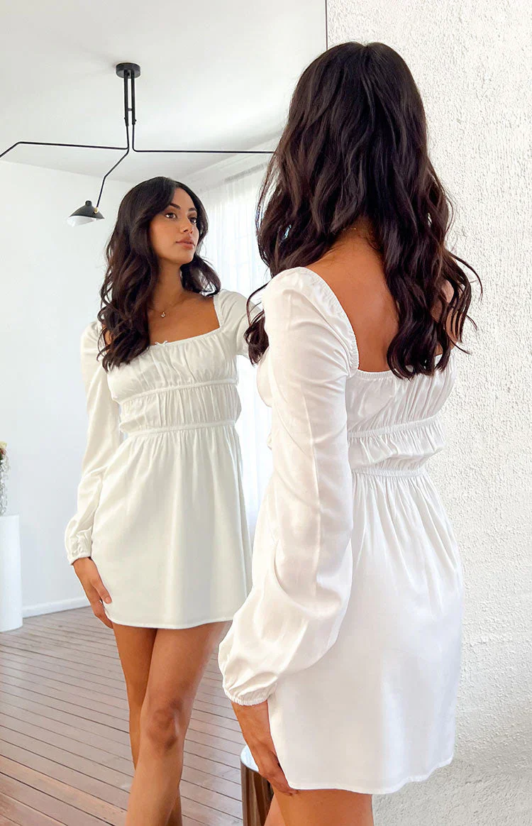 Sunnie White Long Sleeve Mini Dress - luluinthesky