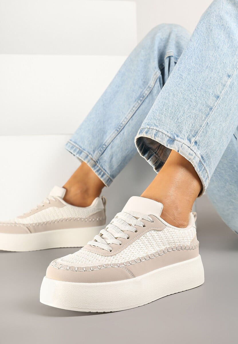 Beżowo-Różowe Sneakersy na Platformie Ozdobione Plecionką Nilaraviela