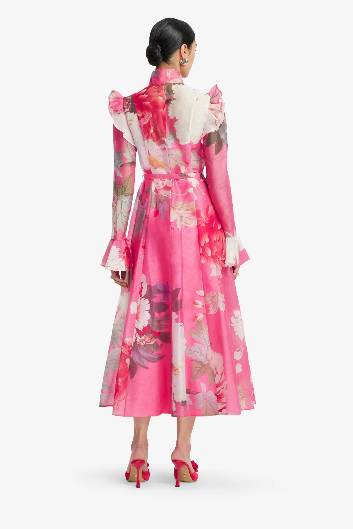 Katrina Butterfly Sleeve Midi Dress - Peony Print in Fuchsia