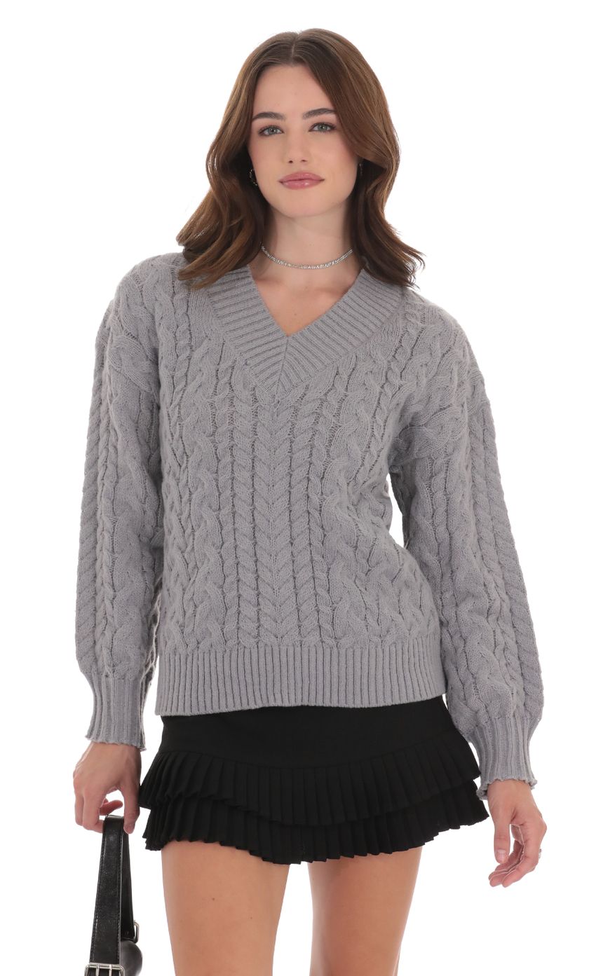 Cable Knit V-Neck Jumper in Grey