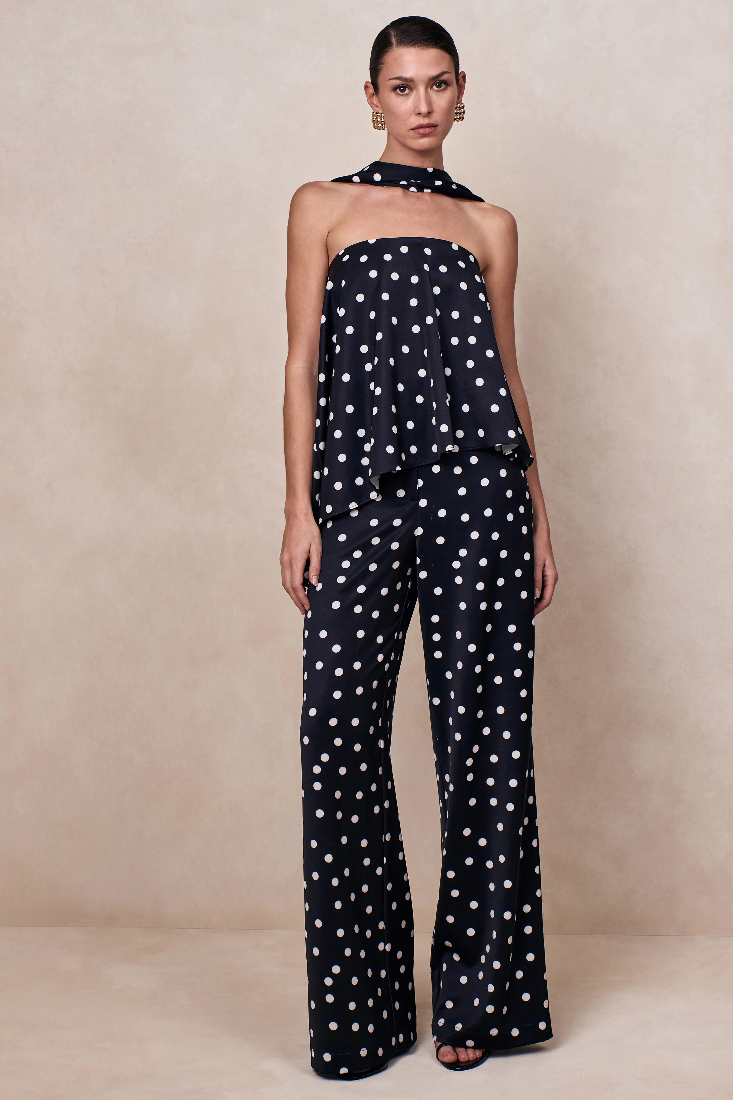 Evandra | Black & White Satin Polka Dot Bandeau Top With Scarf