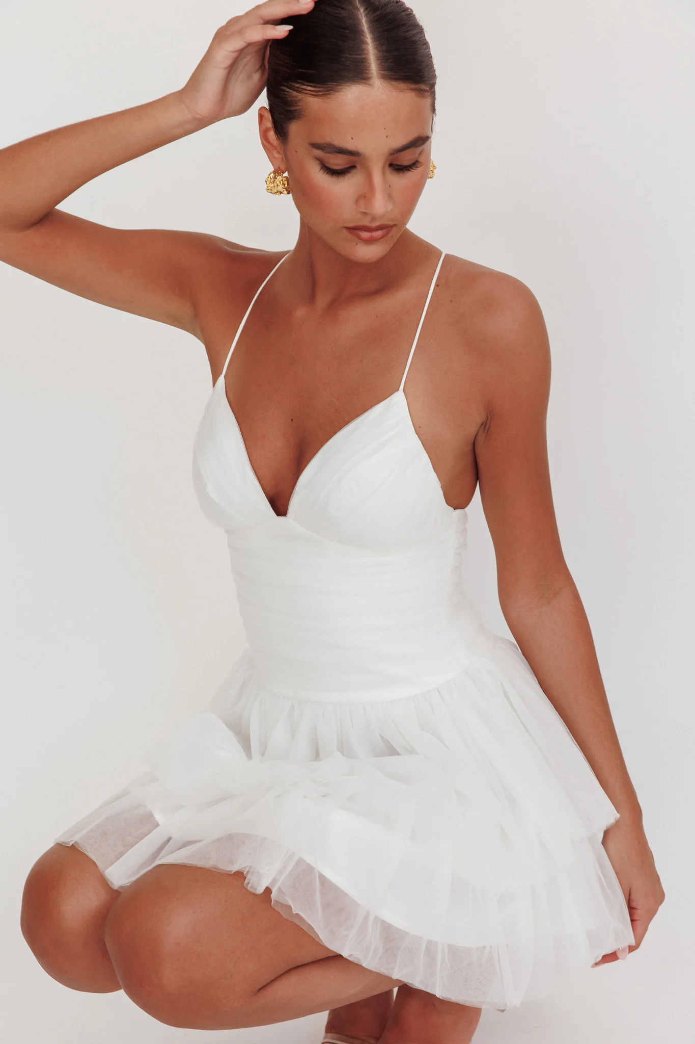 Nightingale Ruched Mesh Mini Dress White - luluinthesky