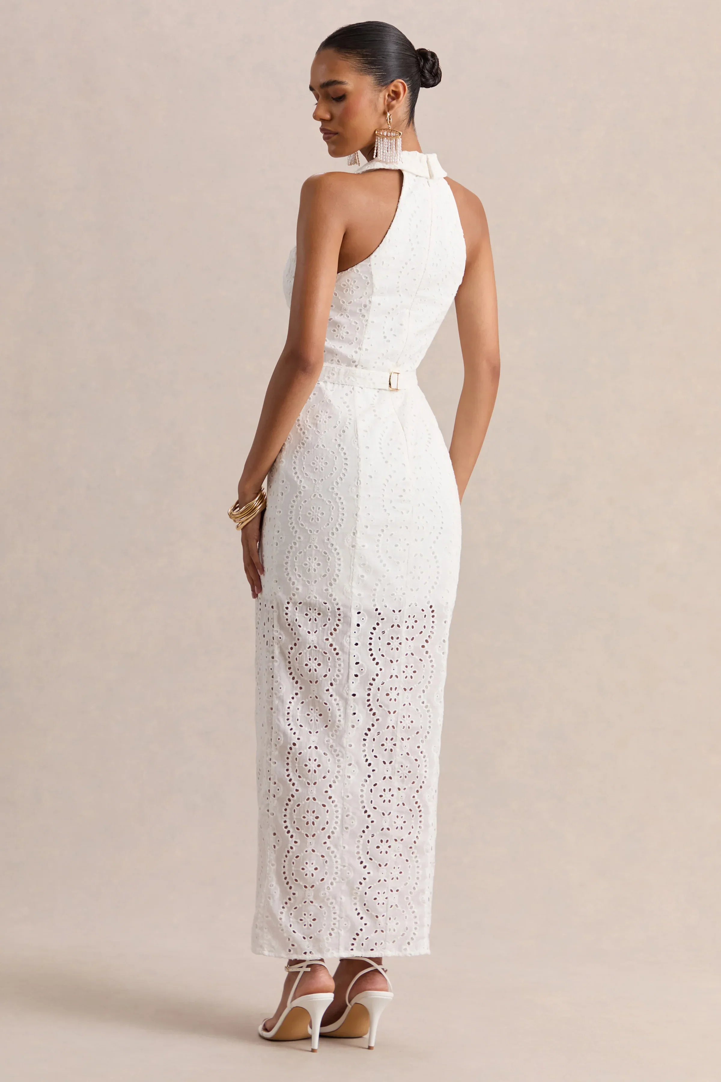 Tover | White Broderie Plunge-Neck Maxi Dress