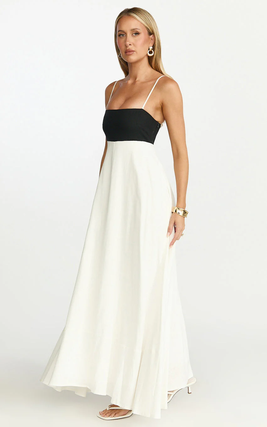 Katrien Maxi Dress - Strappy Empire Waist Flare Dress in Black & White - luluinthesky