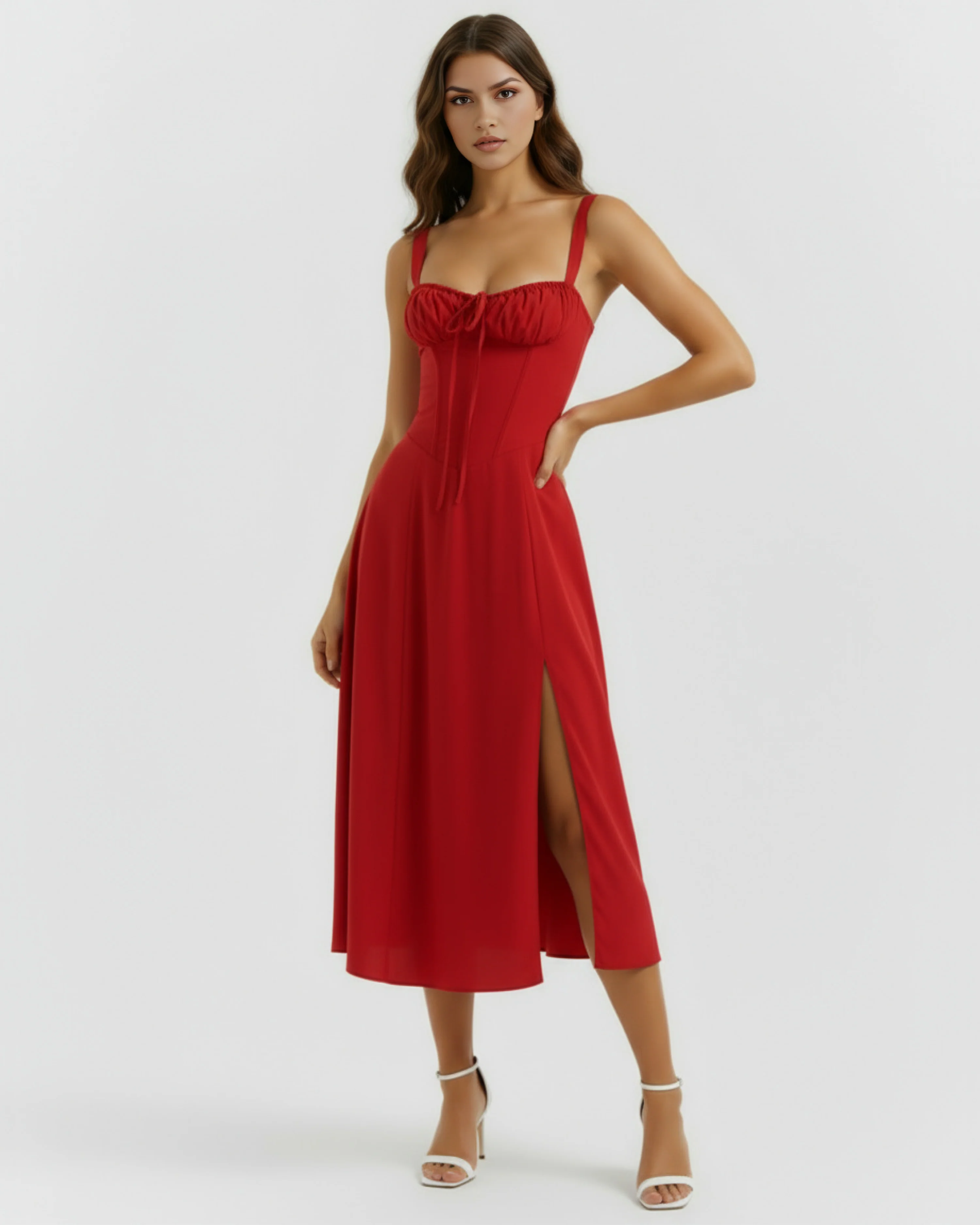 Red Cotton Midi Dress with Corset & Side Split