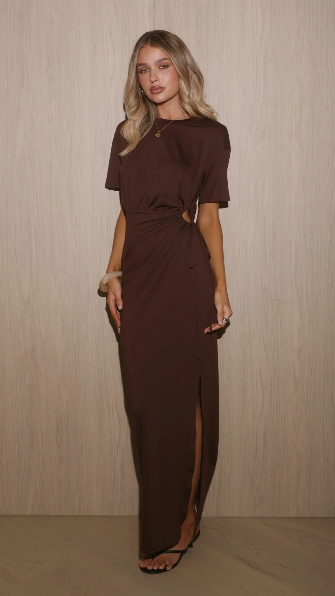 Doja Short Sleeve Tie Waist Maxi Dress - Chocolate