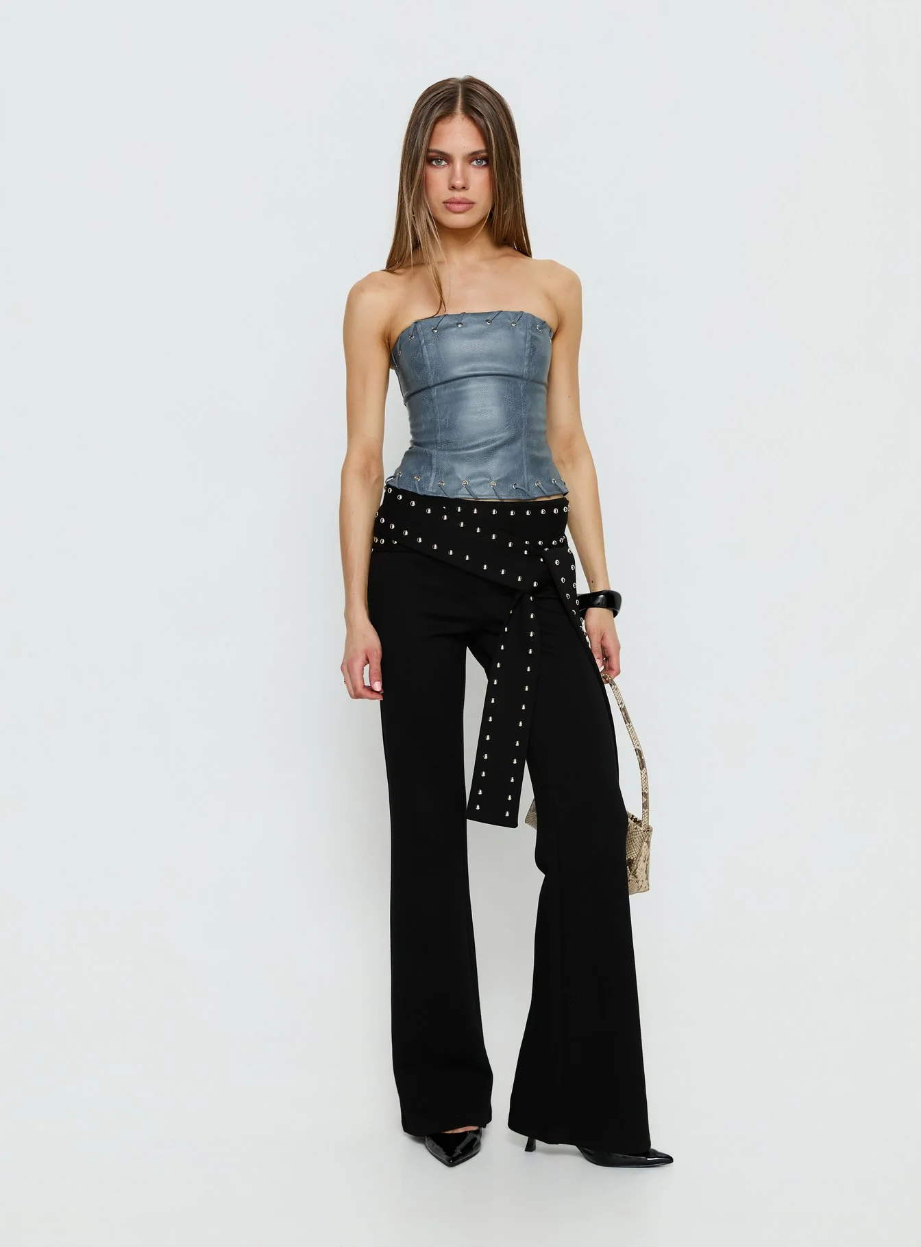Pammie Faux Leather Strapless Top Blue