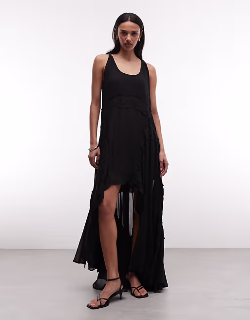 AllSaints Dorina sleeveless ruched asymmetric ruffle midi dress in black