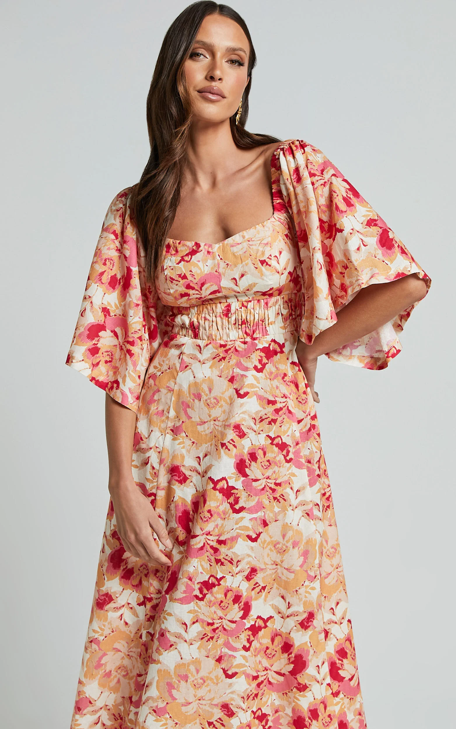 Amalie The Label - Thalia Linen Blend Puff Sleeve Midi Dress in Sienna Print