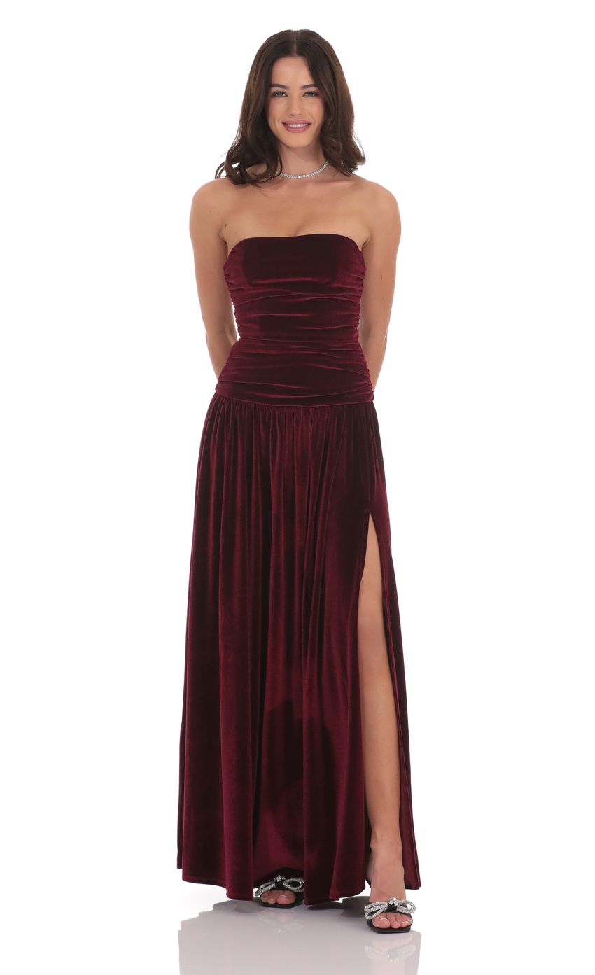 Velvet Ruched Drop Waist Maxi Dress in Wine