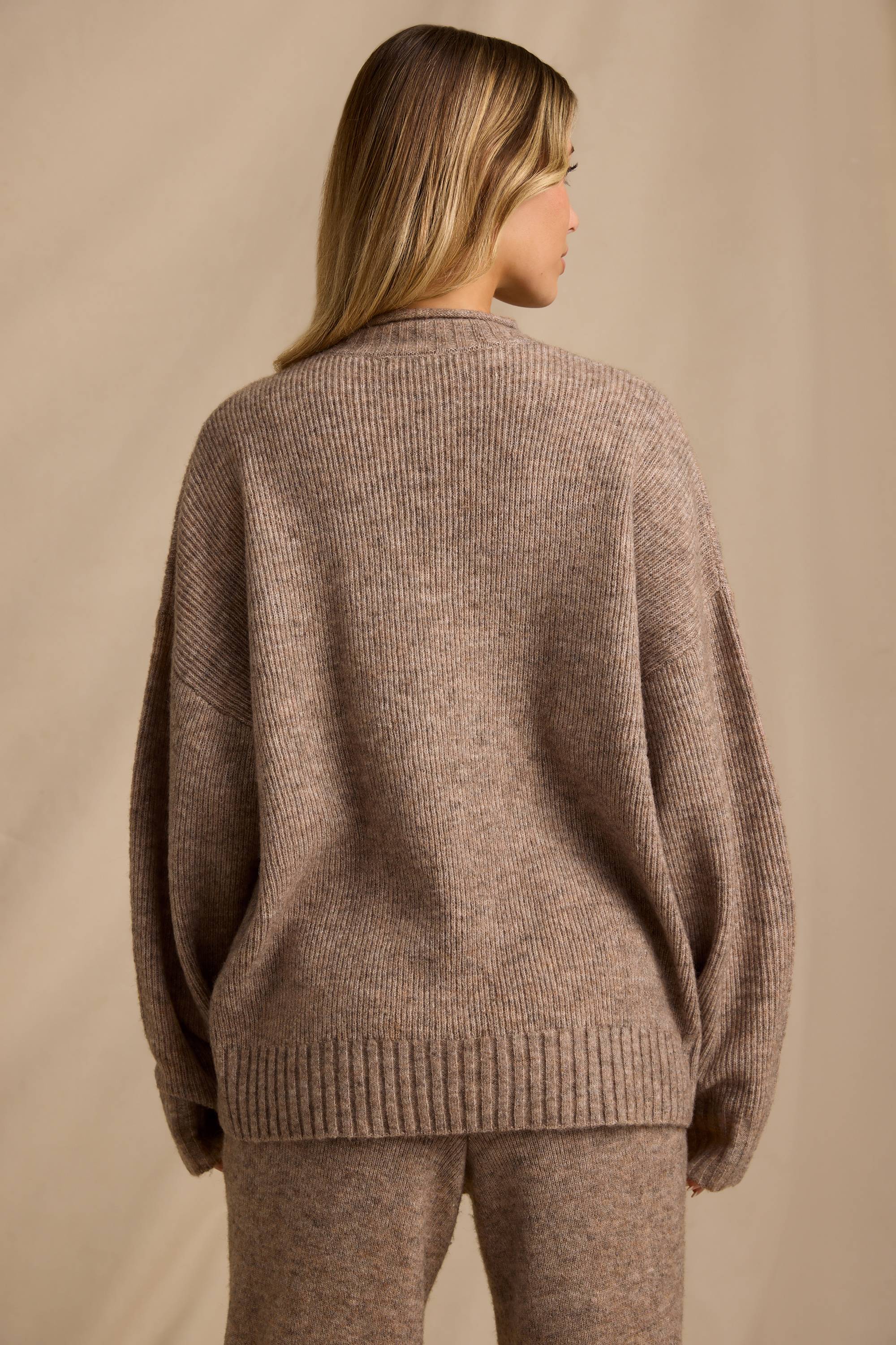 Ribbed Knit Oversized Jumper in Brown Marl