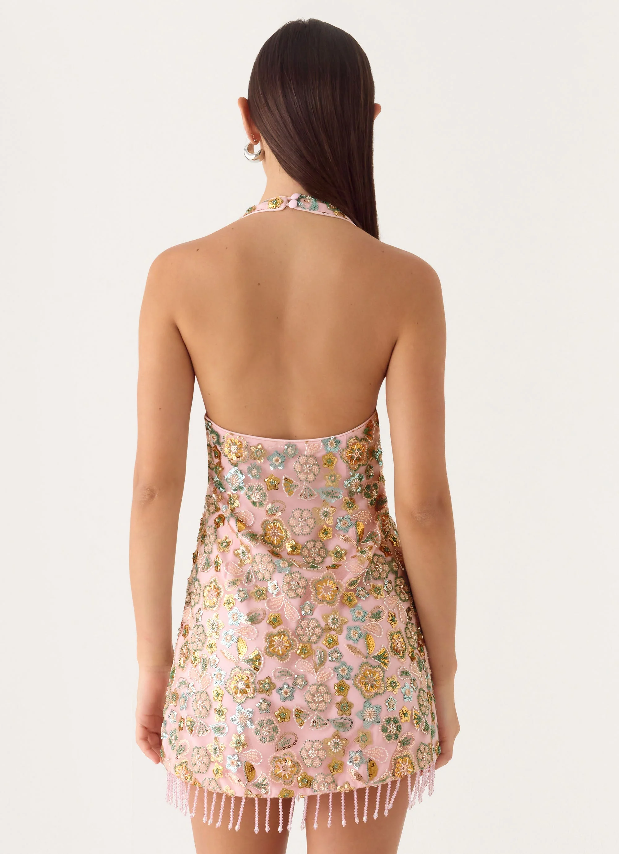 Ellerie Beaded Mini Dress - Pink - luluinthesky