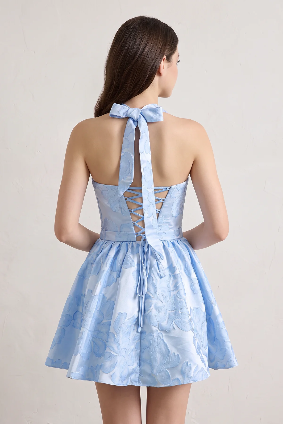 Yellow Halter Jacquard Ruched A-Line Homecoming Dress