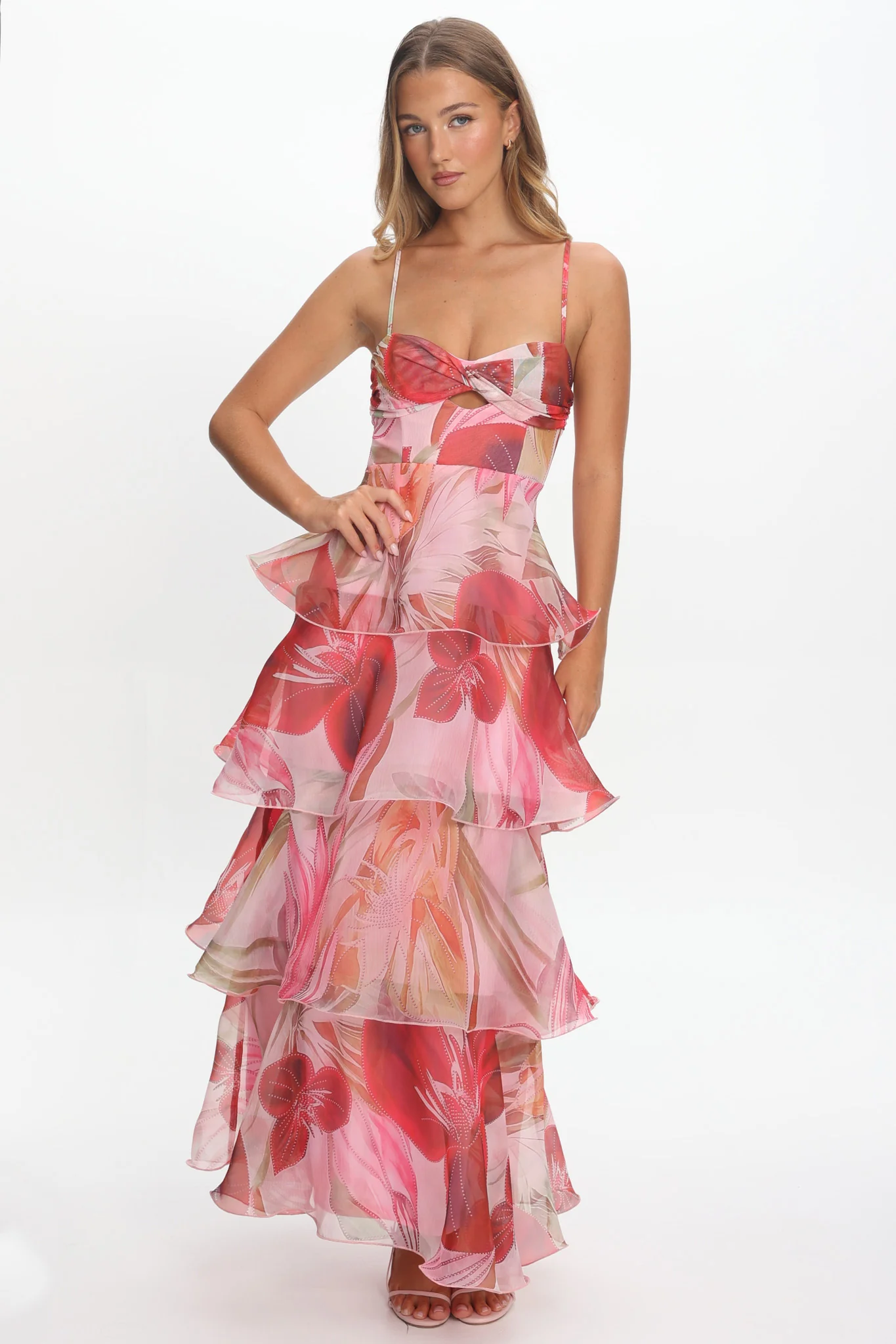 Varenna Layered Sweetheart Neckline Maxi Dress Print Red