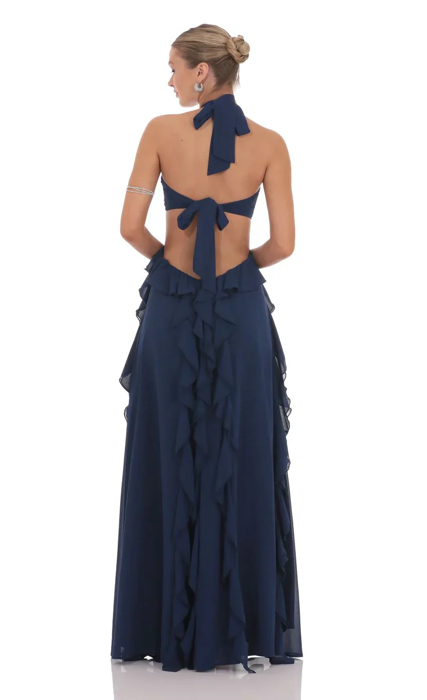 Chiffon Cutout Ruffle Maxi Dress in Navy