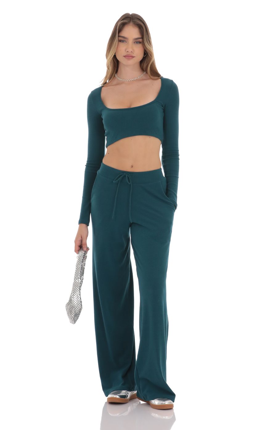 Soft Ribbed Straight Pants in Teal