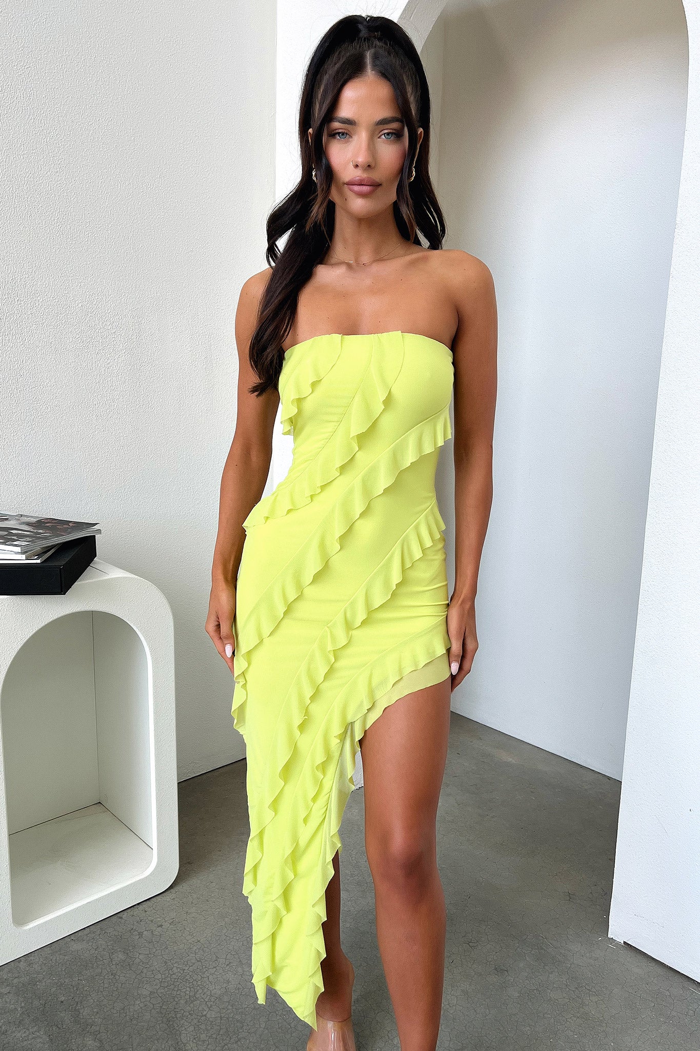 Jadore Strapless Ruffle Midi Dress - Lime
