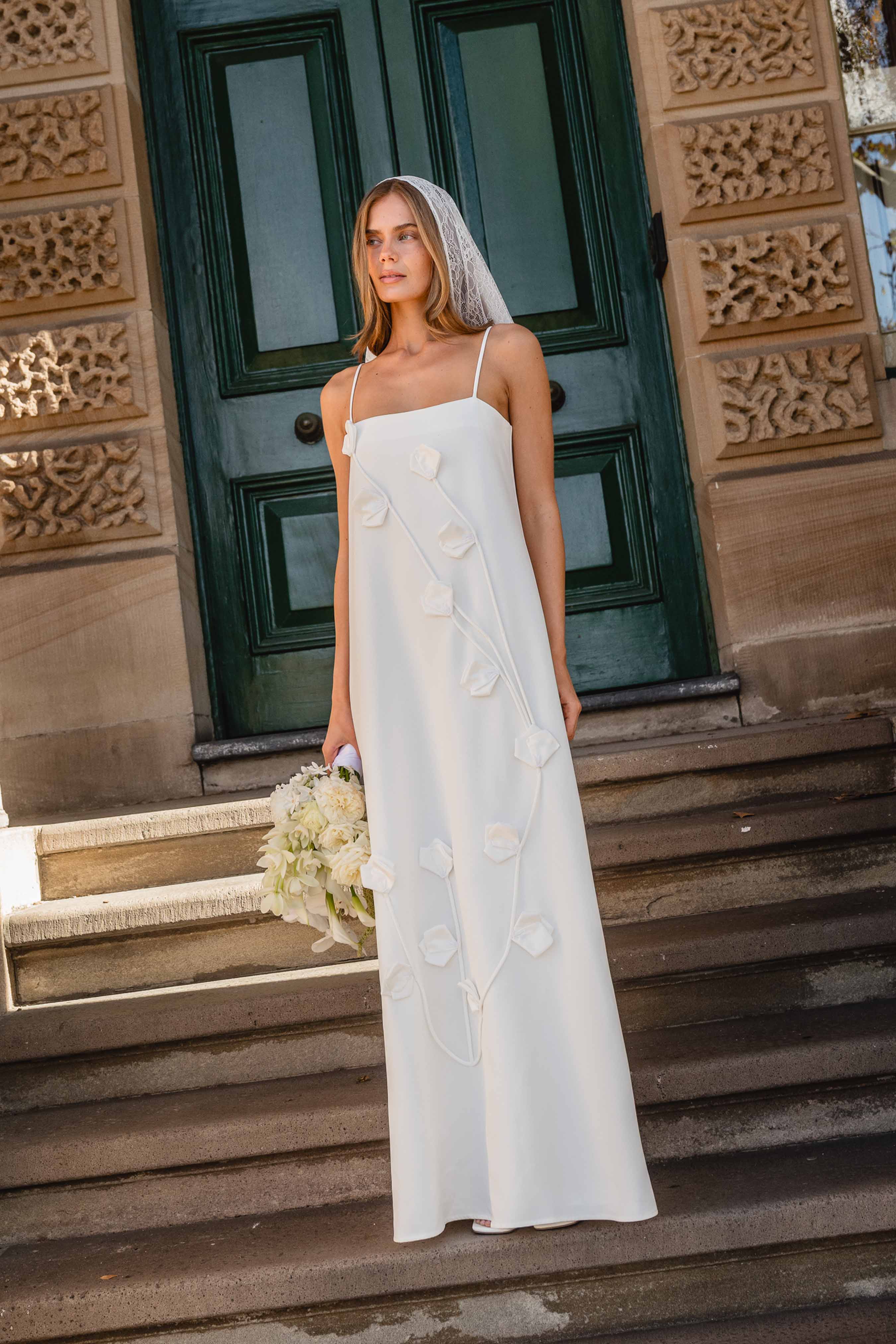 Nolana Floral Applique Gown in White
