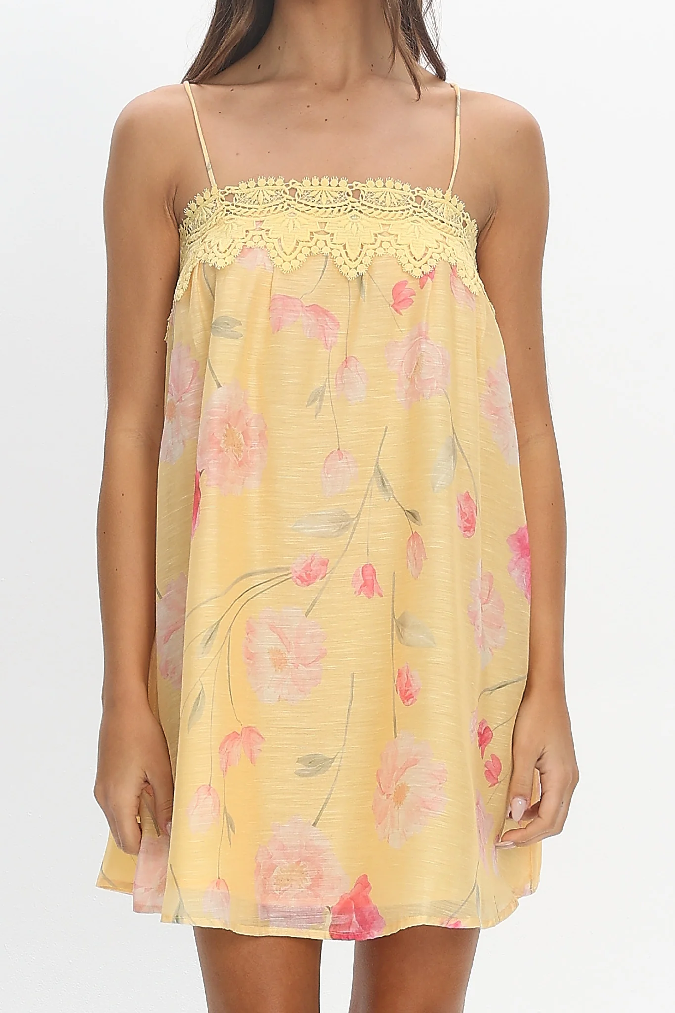 Believer Lace Neckline Mini Dress Baby Yellow - luluinthesky