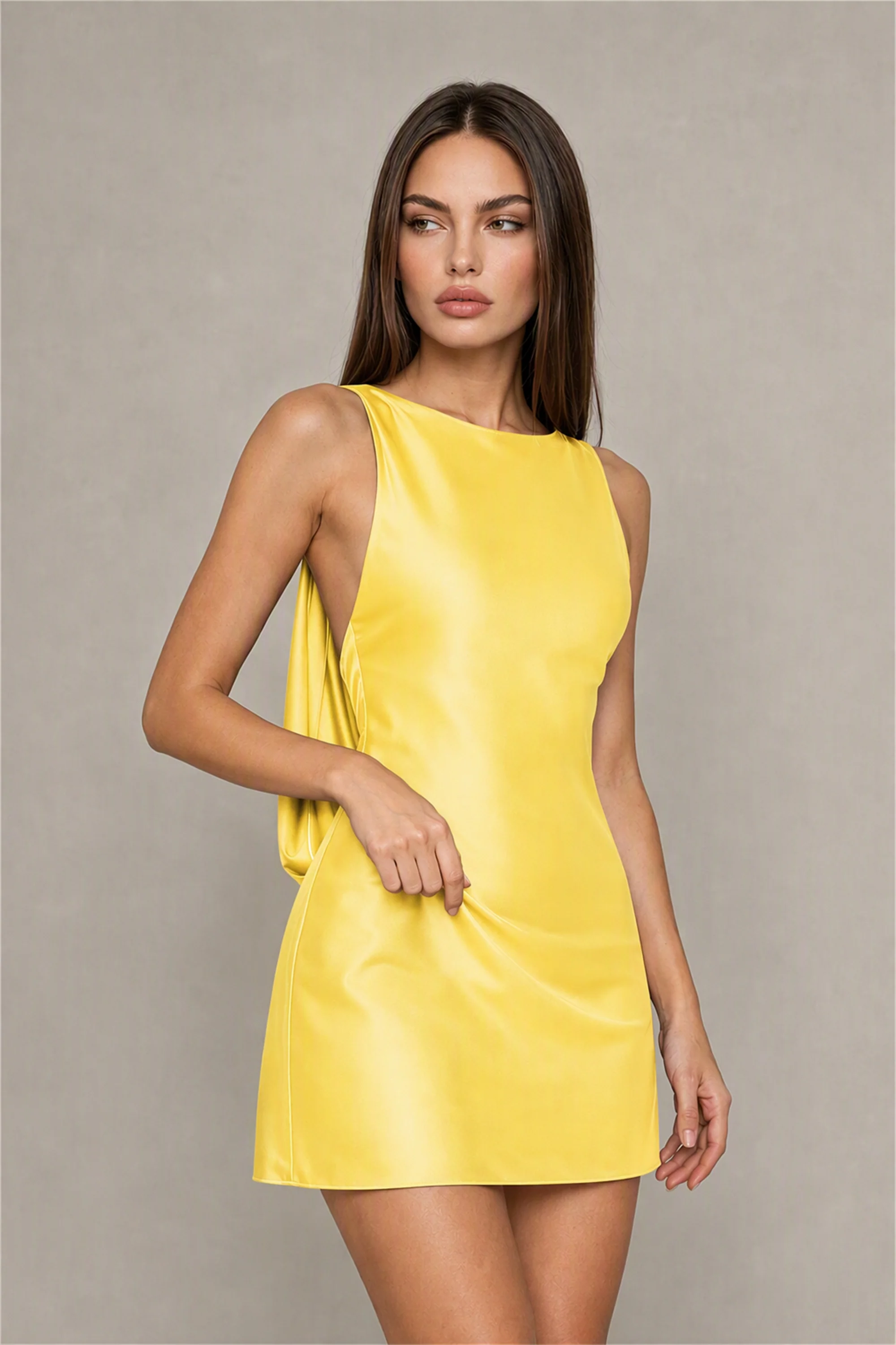 BOLODOO Yellow Satin Bateau Neck Cowl Open Back Pearl Chain Mini Dress | Cocktail Party Date Night Dress