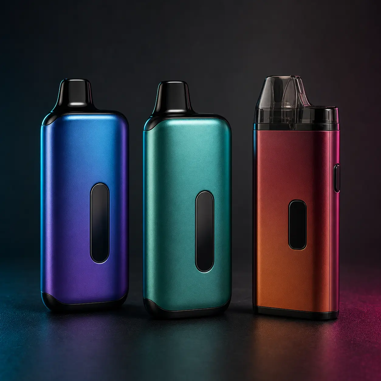 Colorful vape devices in blue teal and copper metallic finishes