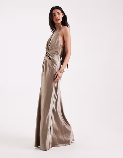 Six Stories Bridesmaids satin plunge knot detail open back maxi dress in mocha