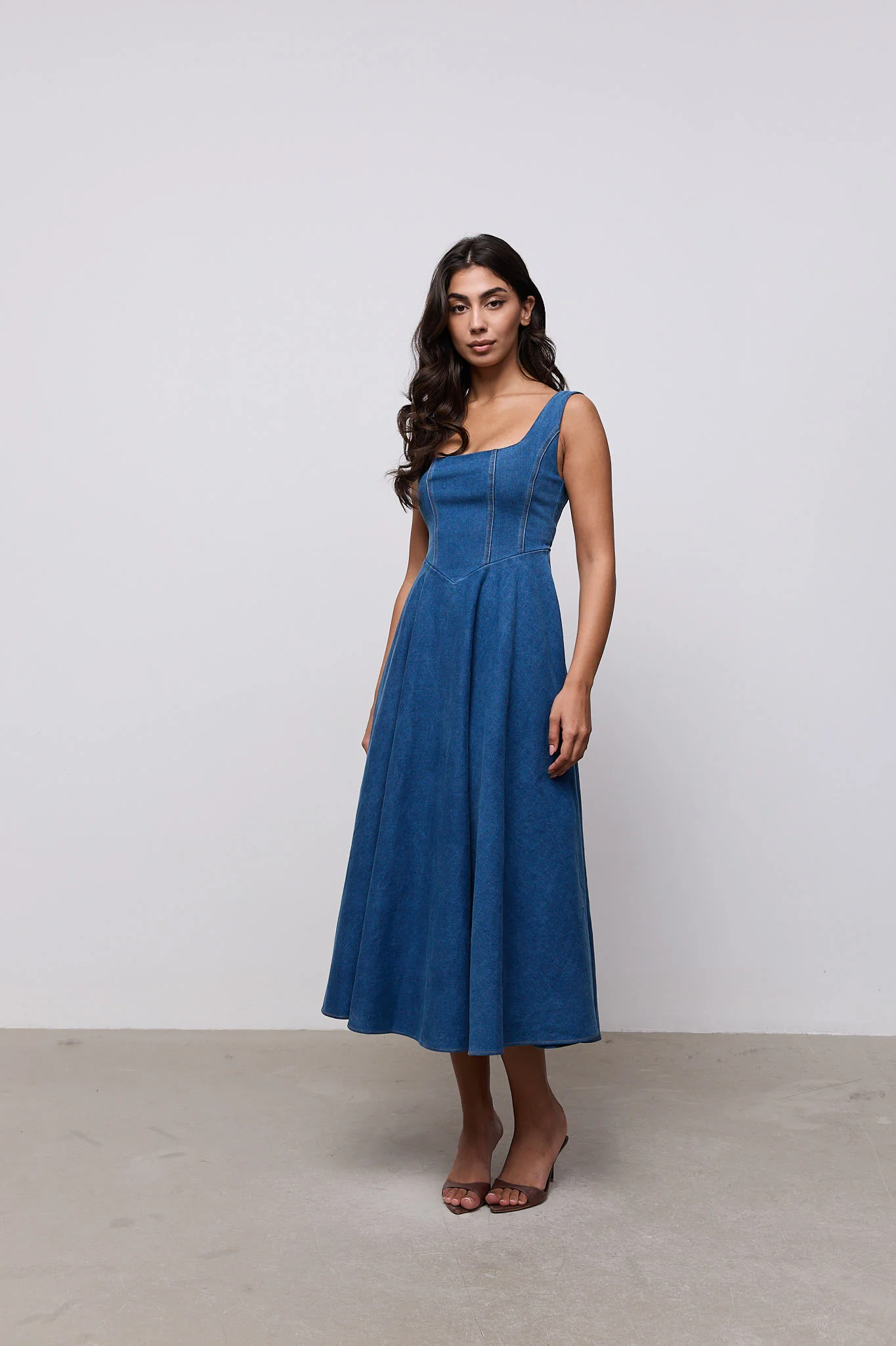 Cotton Mix Denim Square Neck Midi Dress