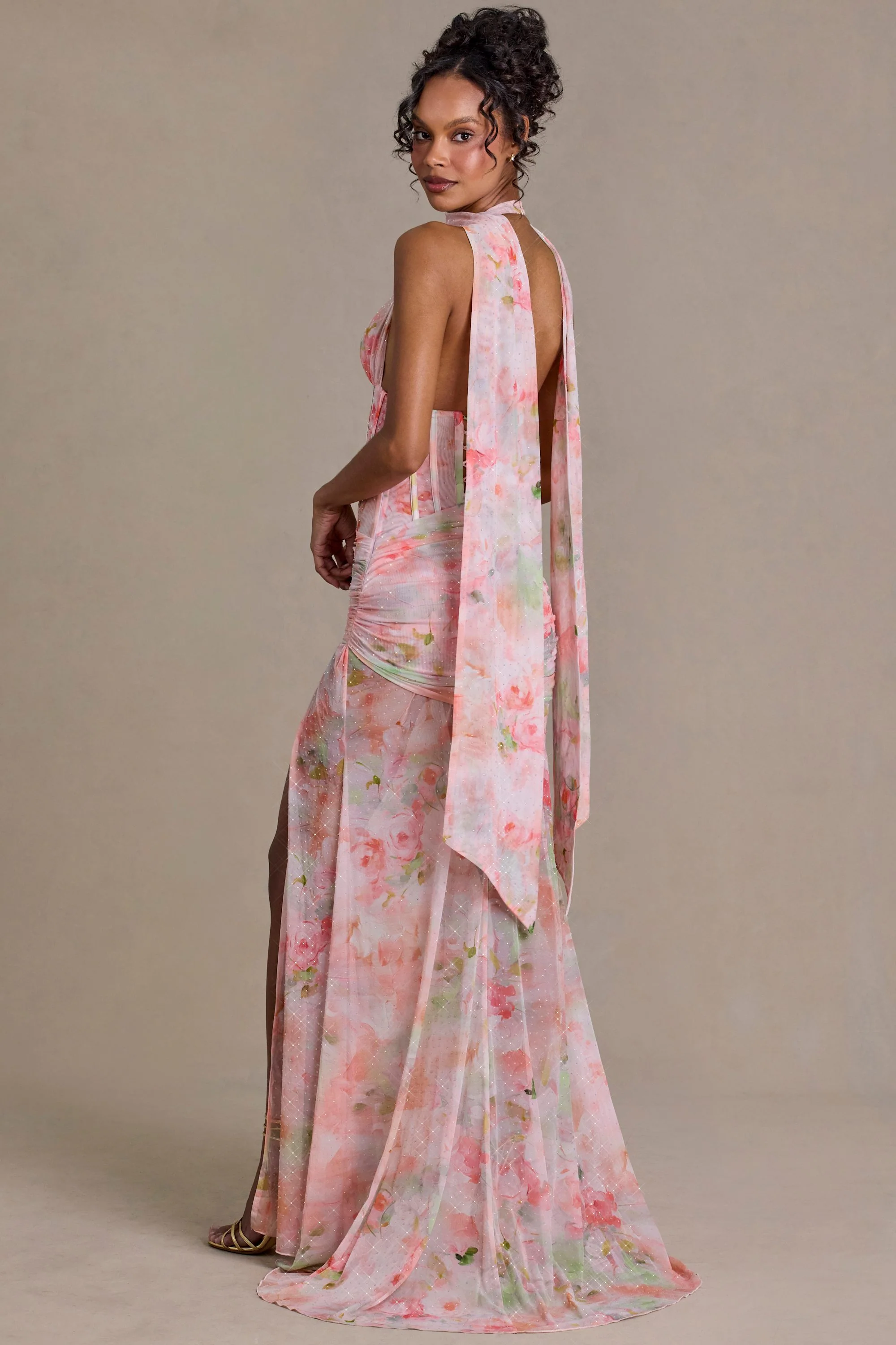 Premium Embellished Scarf-Detail Maxi Dress in Pink Floral Print