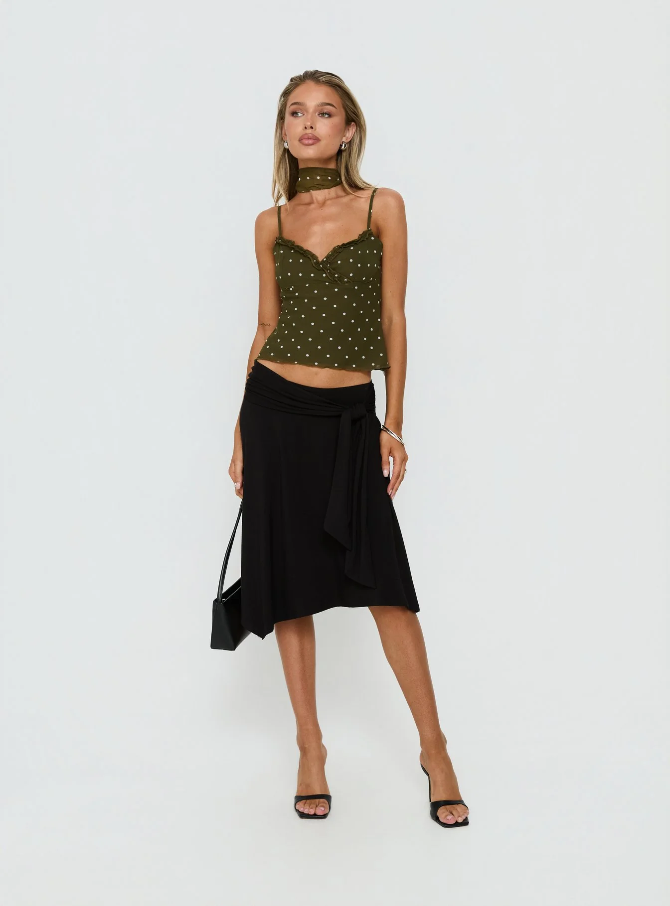 Mishy Scarf Detail Cami Top Olive Polka
