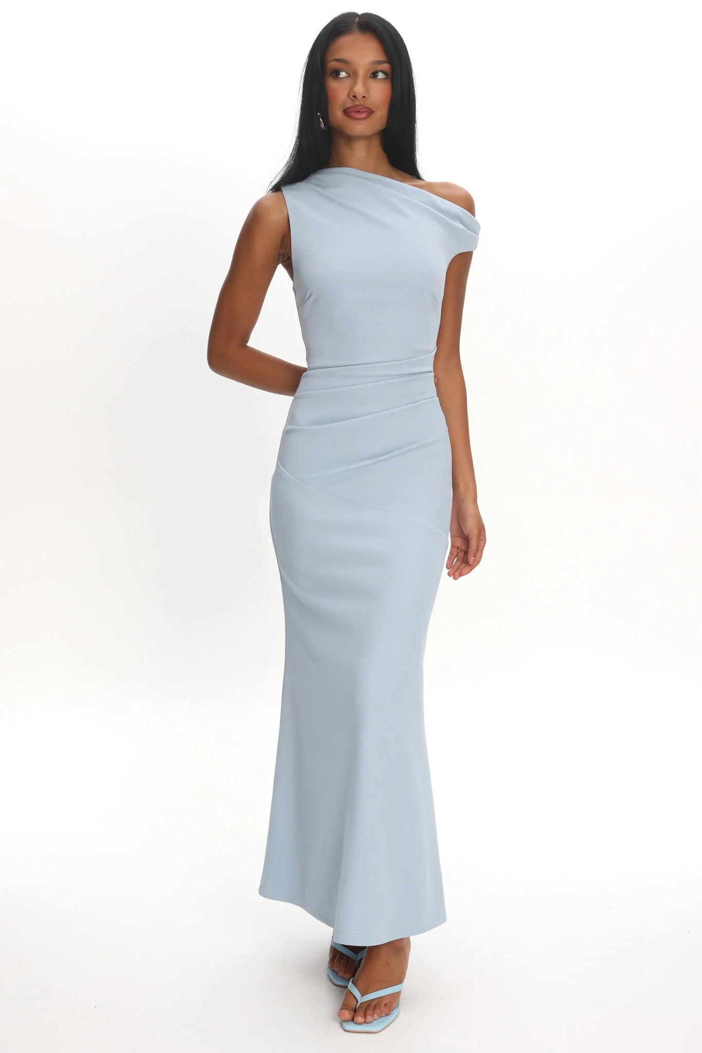 Lylah Asymmetric Neckline Mesh Maxi Dress Light Blue - luluinthesky