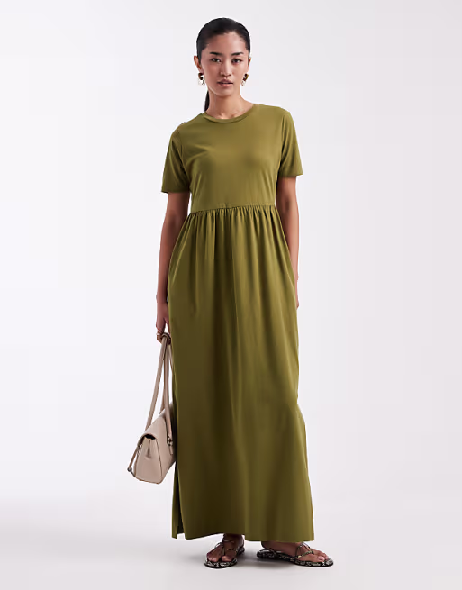 Threadbare jersey short sleeve maxi dress in khaki