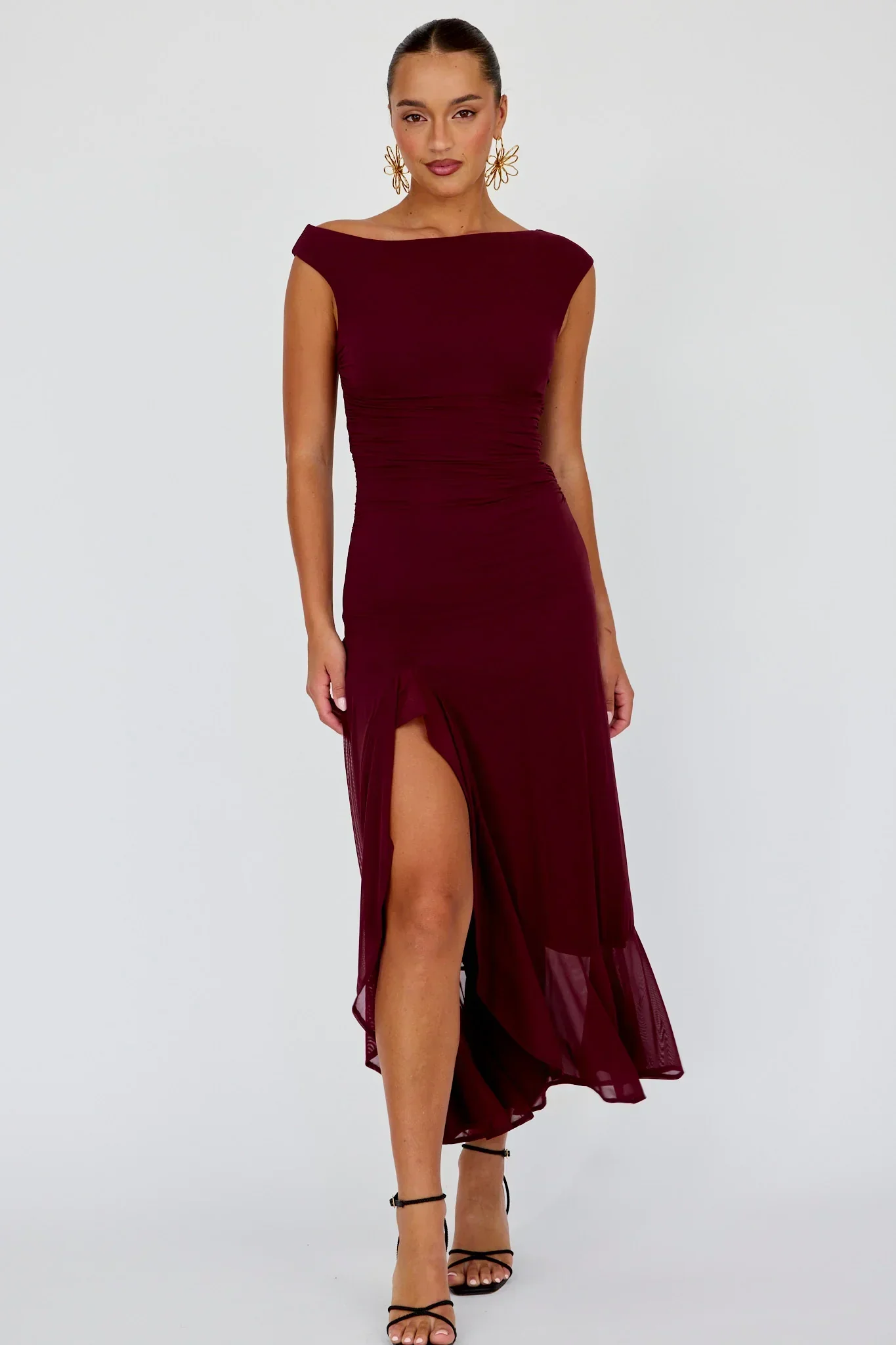 Moonlit Magic Asymmetric Neckline Maxi Dress Wine