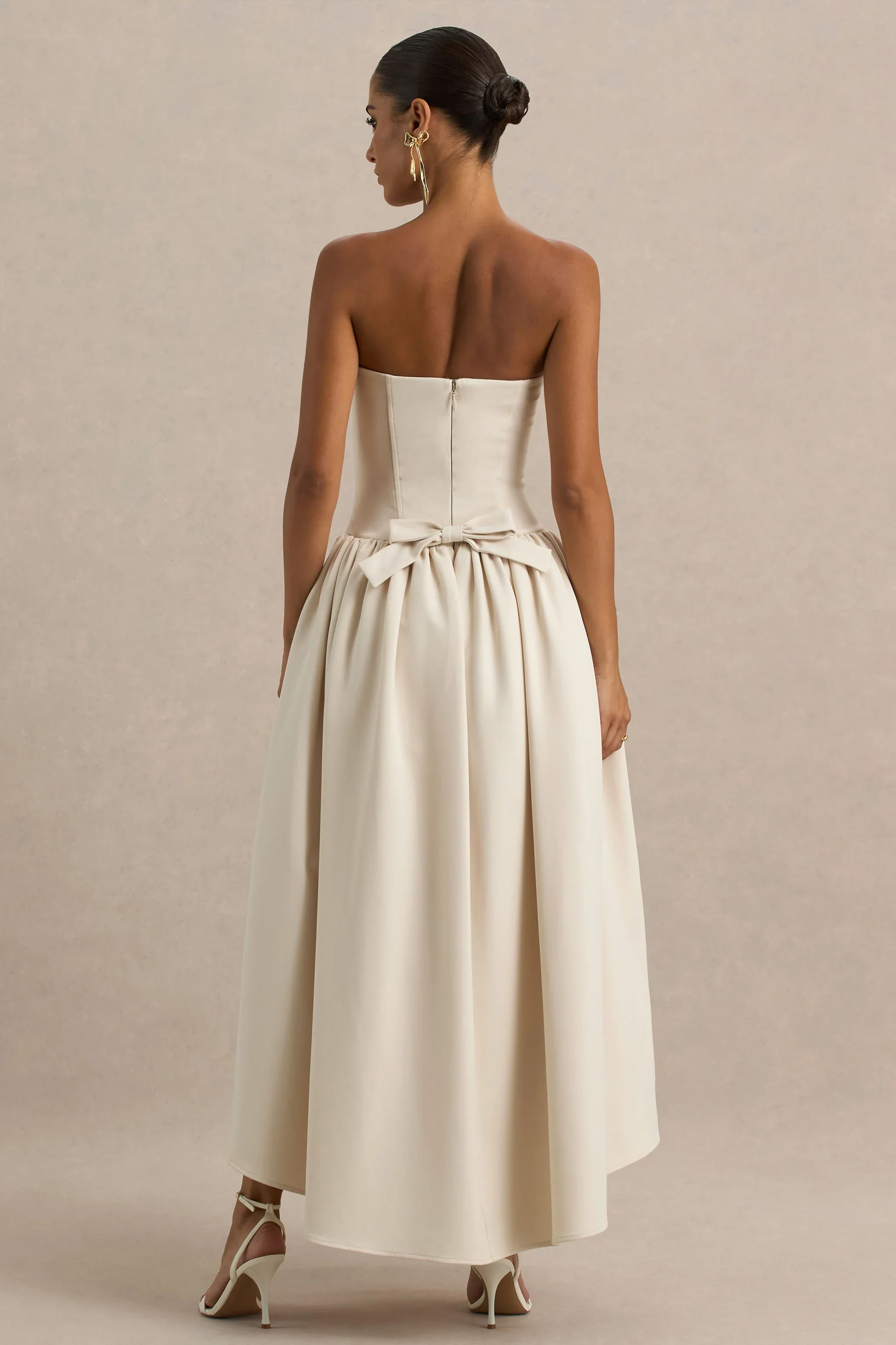 Candice | Cream Bandeau Volume Midi Dress With Back Bow Detail