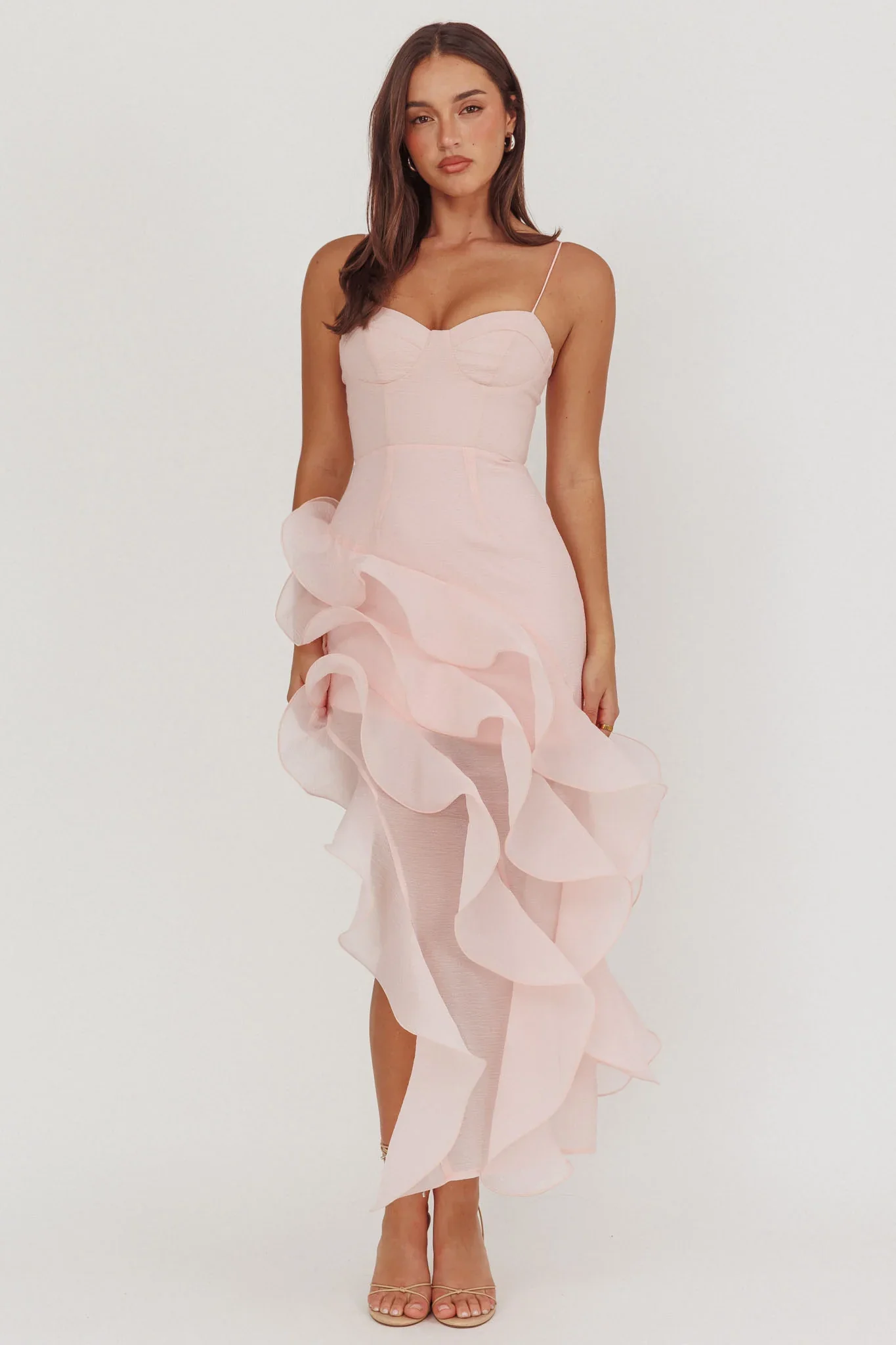 Charmayne Asymmetric Ruffle Trim Maxi Dress Pink