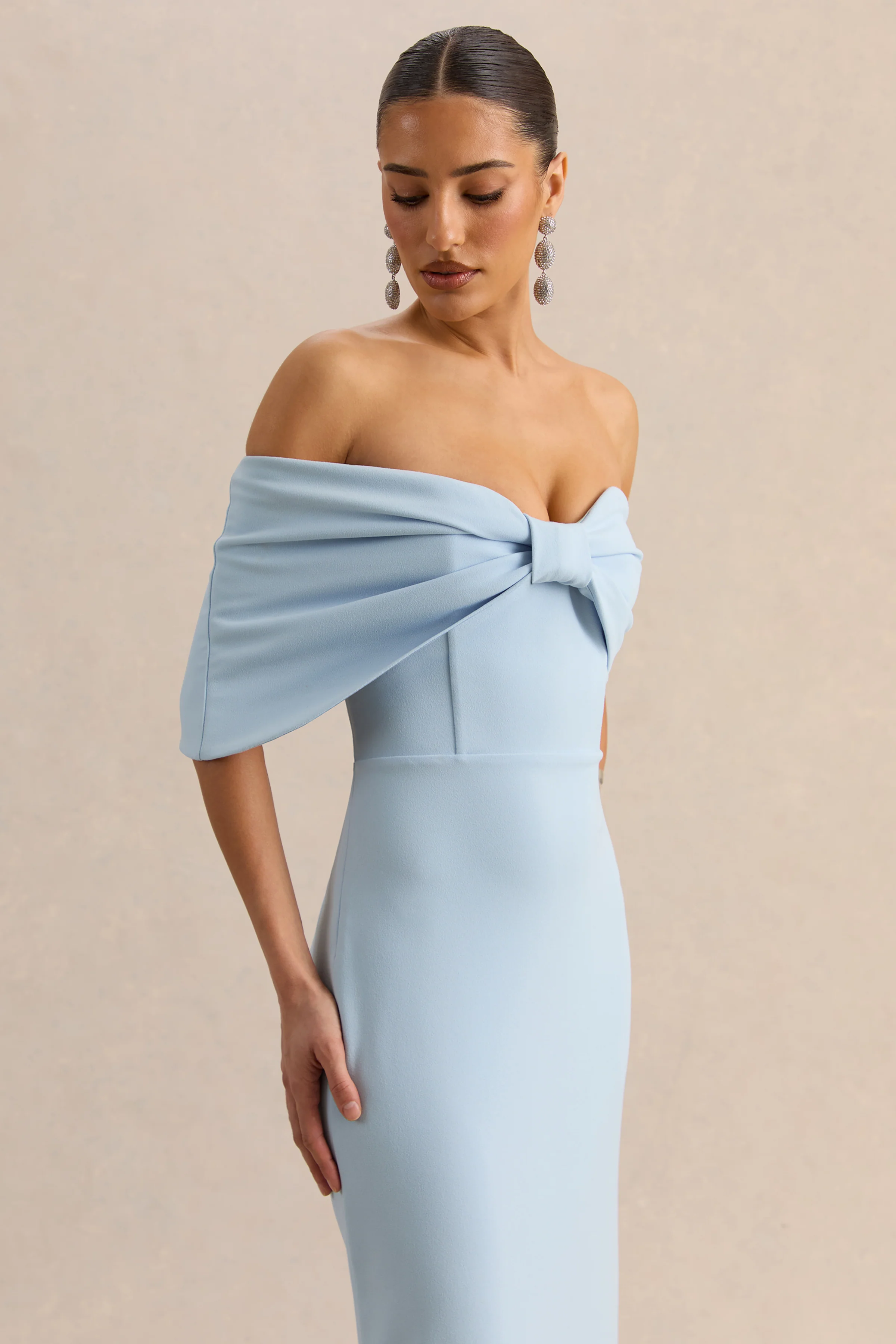Agatha | Powder Blue Bow Bardot-Neck Maxi Dress