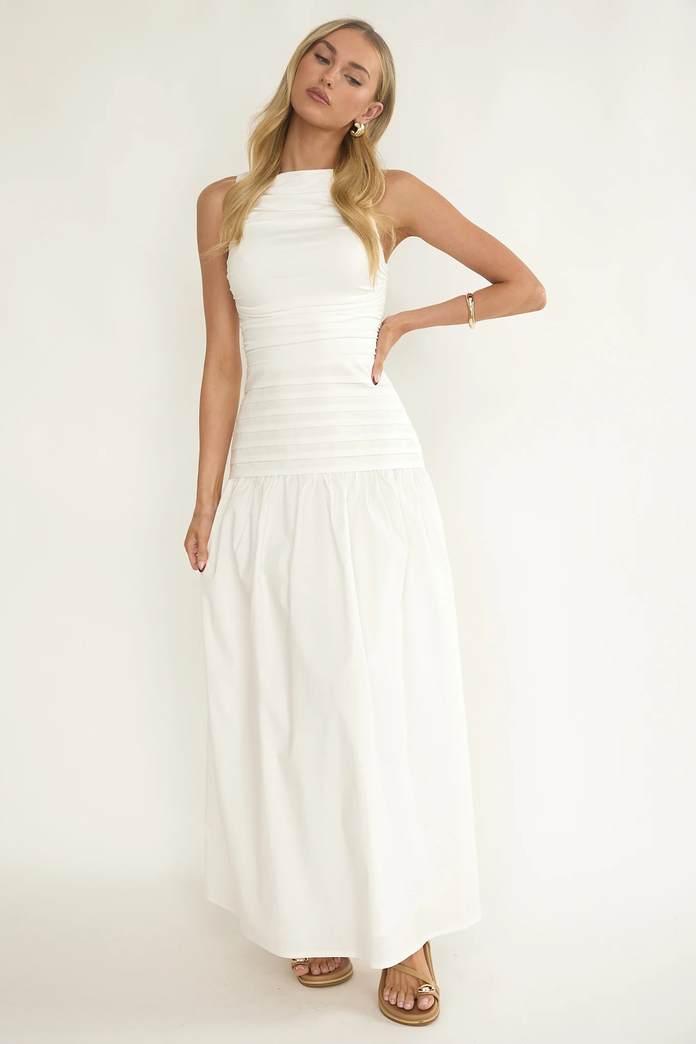 Dalayla Sleeveless Pintuck Maxi Dress White