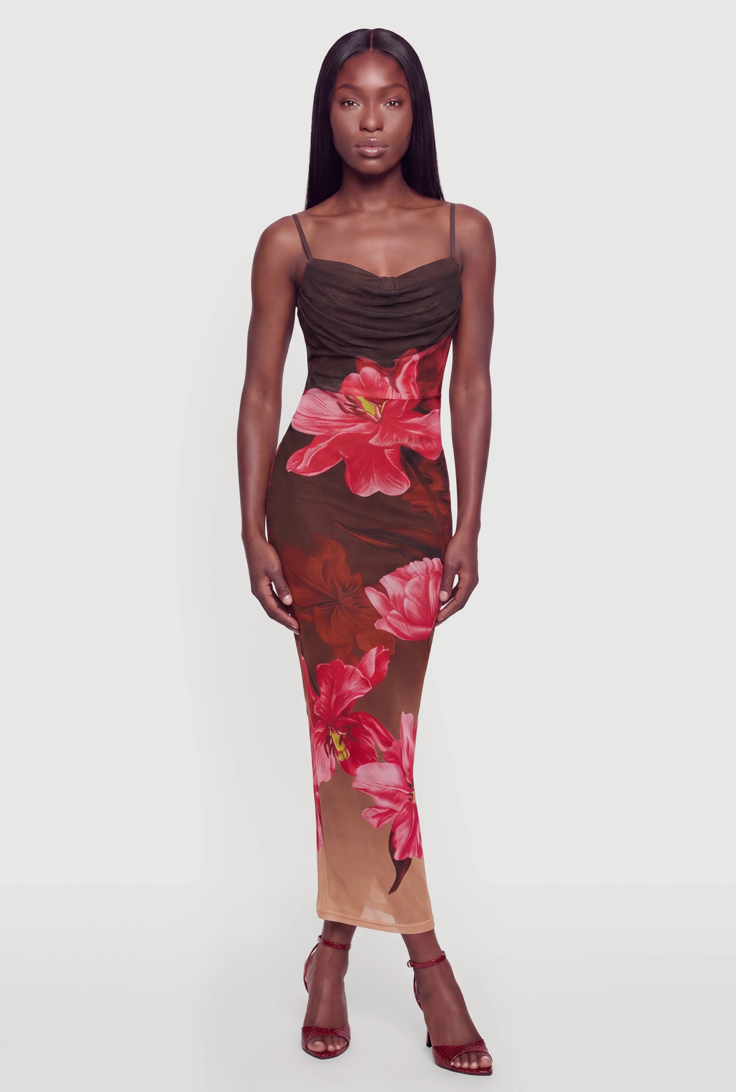 Floral Cowl Neck Bustier Mesh Maxi Dress