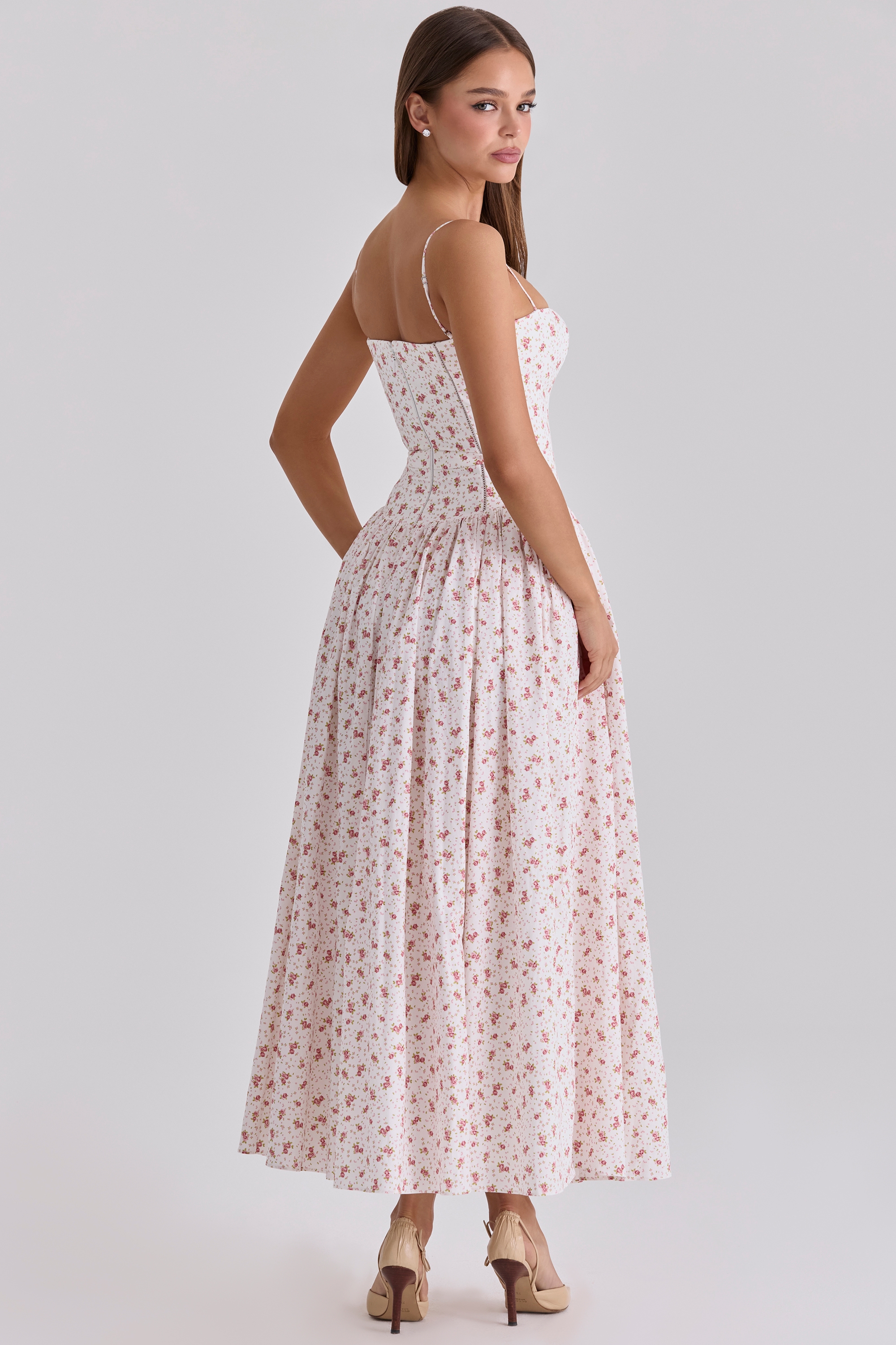 White Rose Print Cotton Midi Sundress