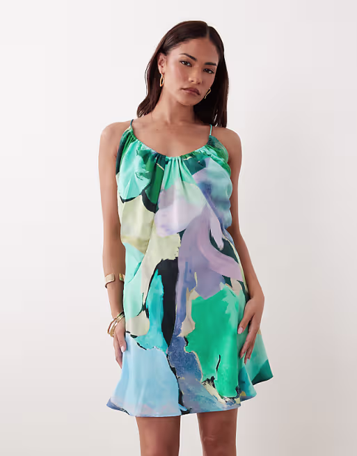Petite bias cut scoop neck low back satin mini dress in blue & red abstract floral