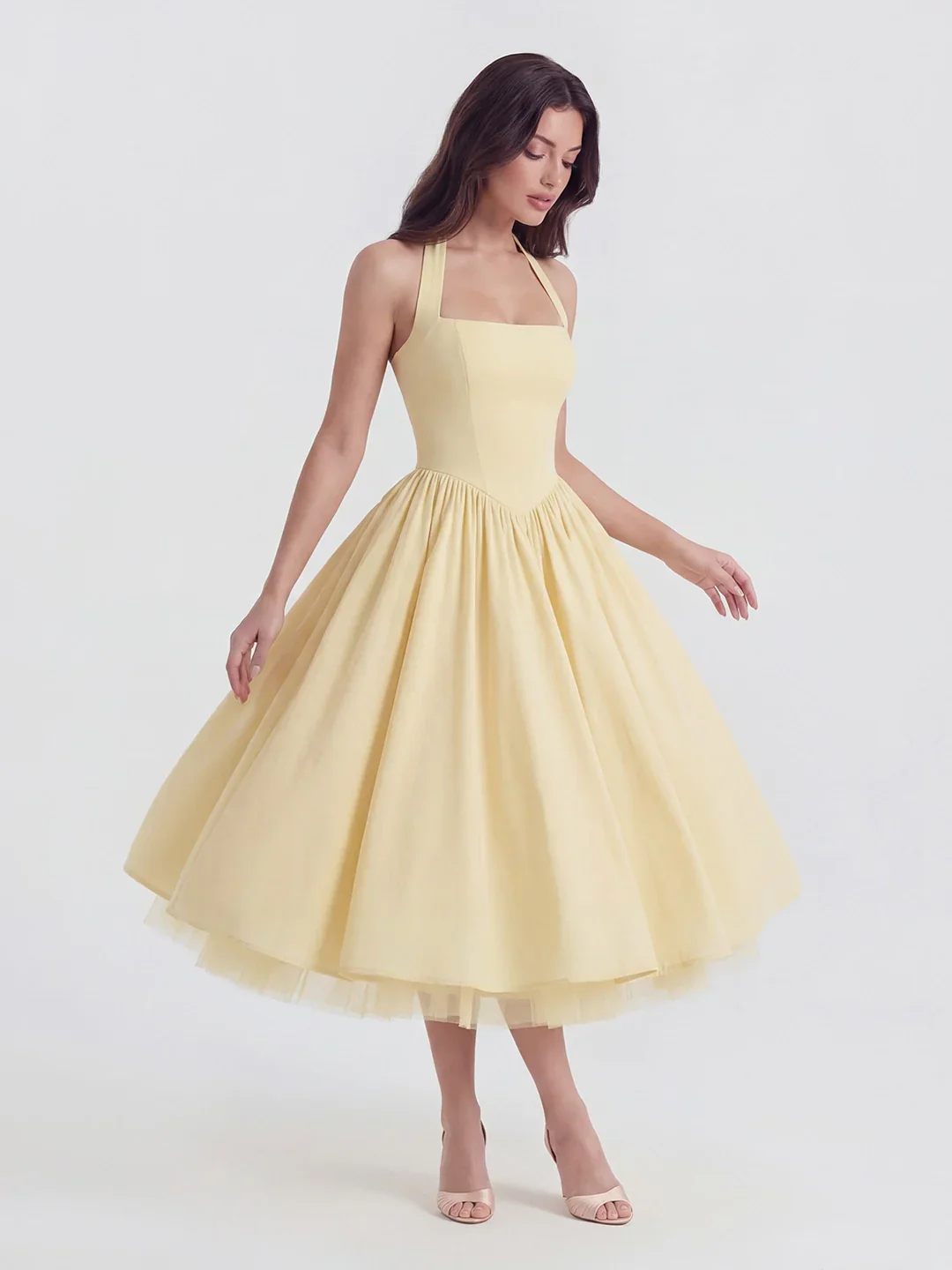 Lace-Up Halter Midi with Exposed Tulle Hem