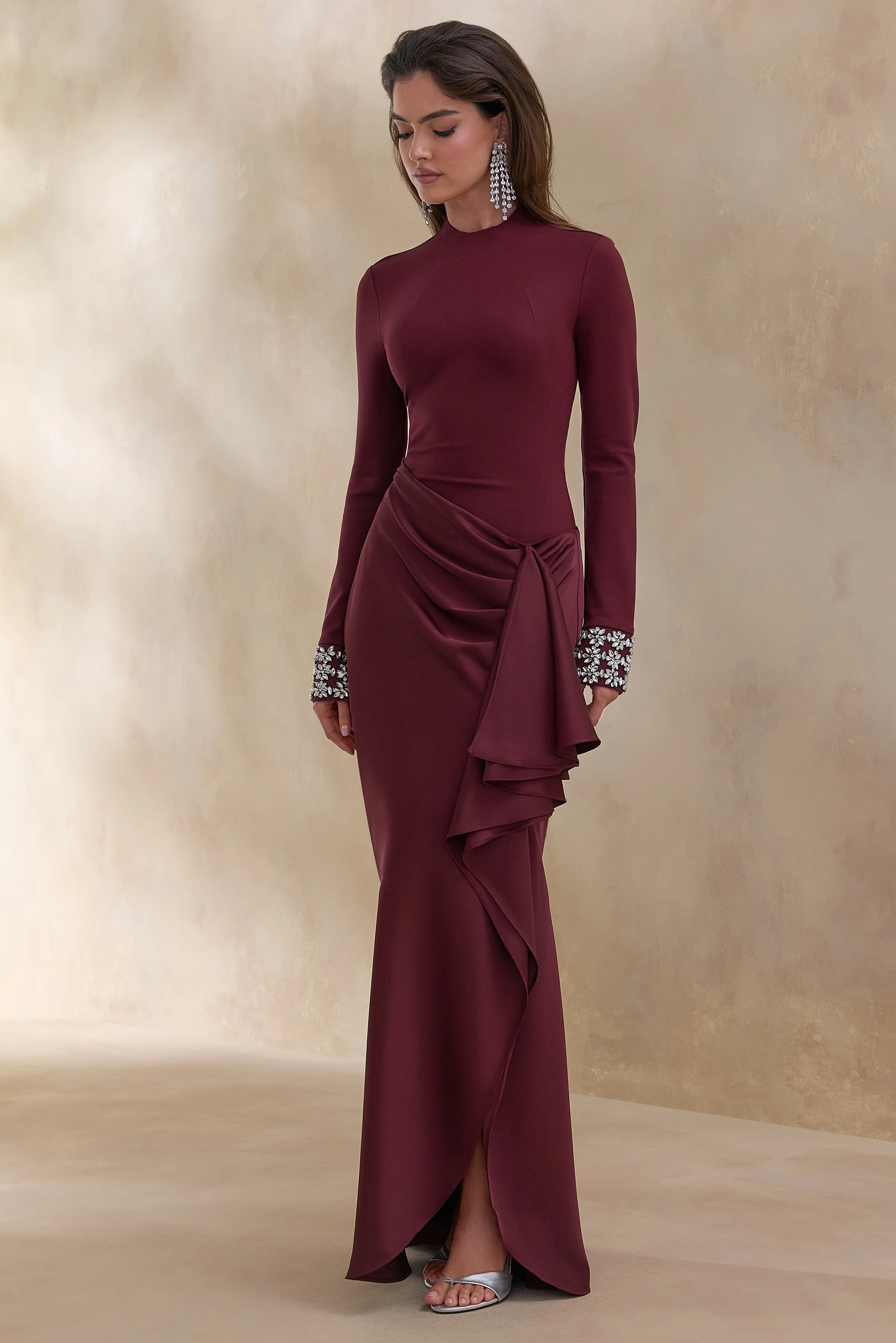 Starred | Burgundy Crew-Neck Maxi Dress With Drop-Waist And Satin Wrap-Skirt