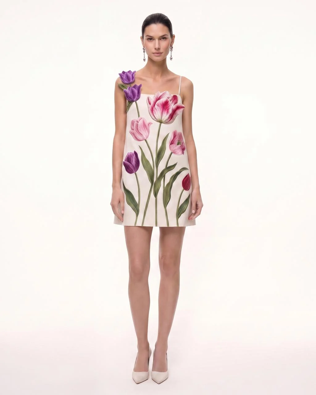 Tulip Floral Spaghetti Strap Mini Dress - Ivory