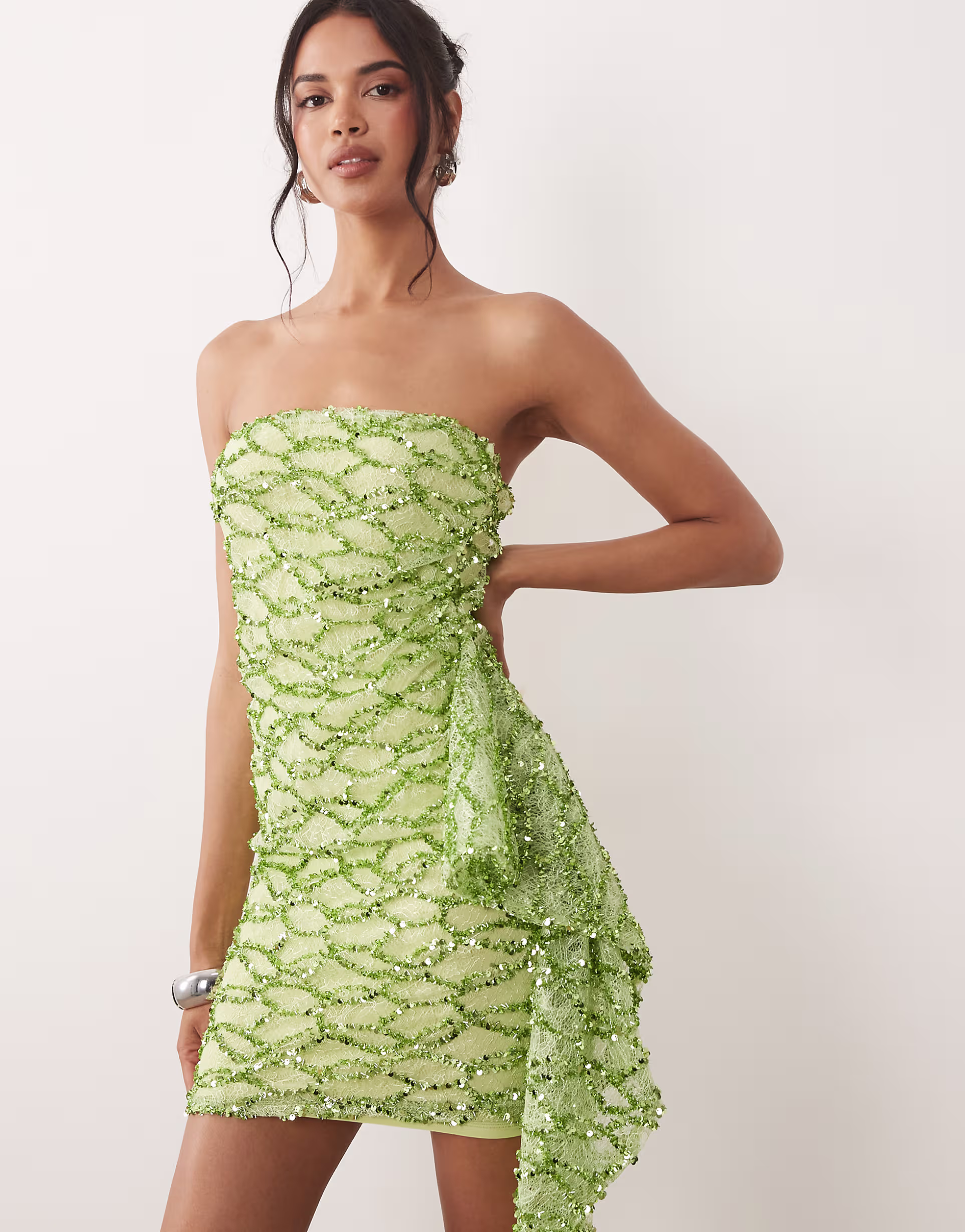 Lace Sequin Bandeau Mini Dress With Scarf Detail In Lime