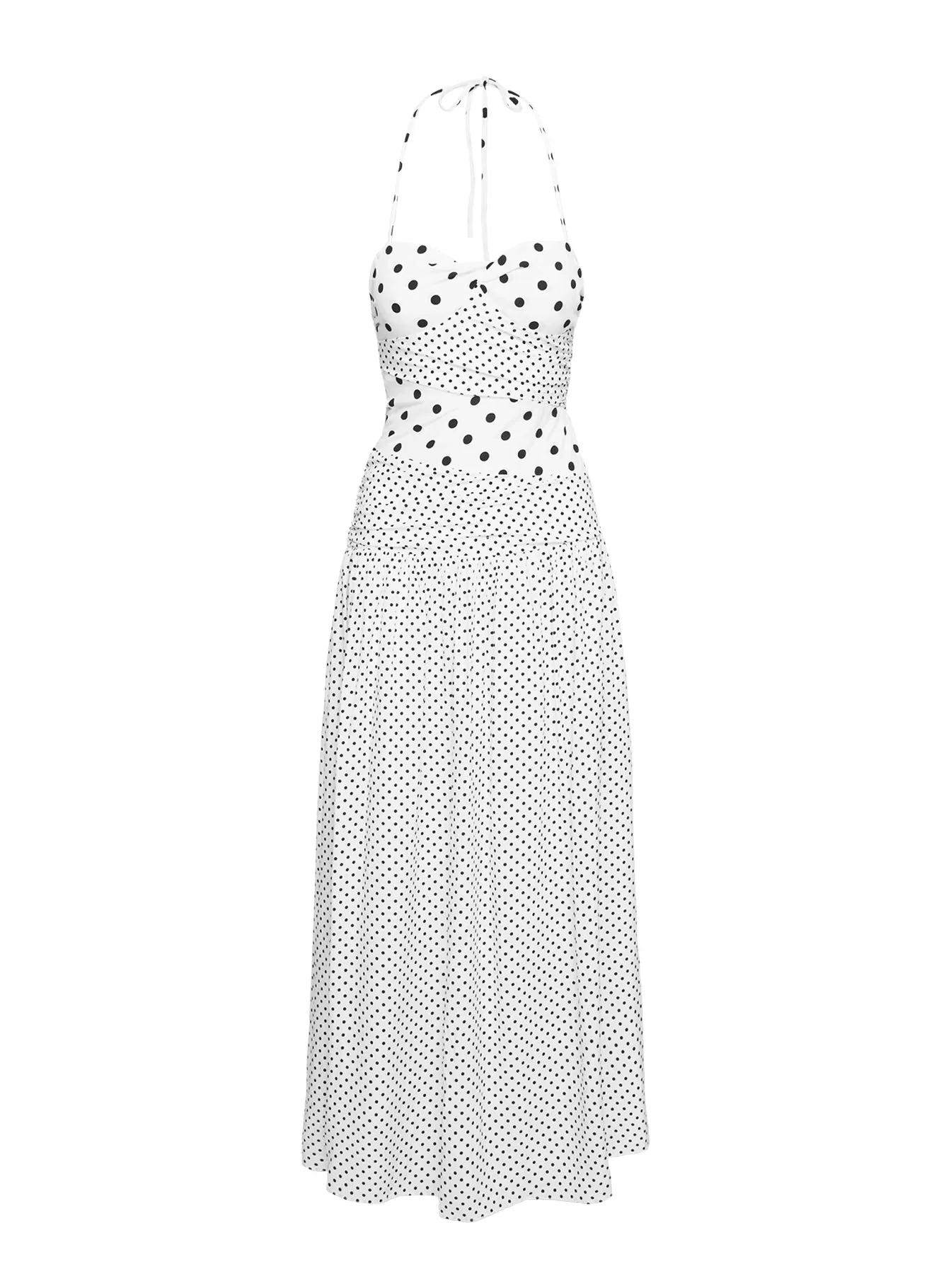 Marguerite Halter Maxi Dress White Polka Dot - luluinthesky