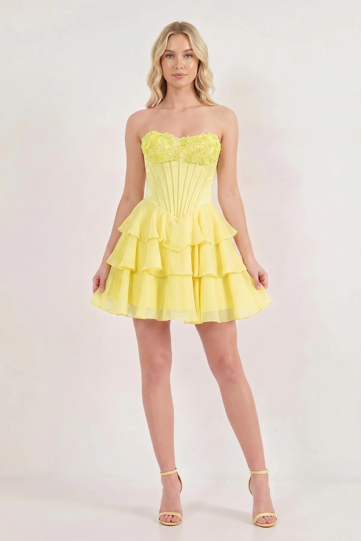 Pink Strapless Tiered A-Line Ruffled Chiffon Appliqued Homecoming Dress