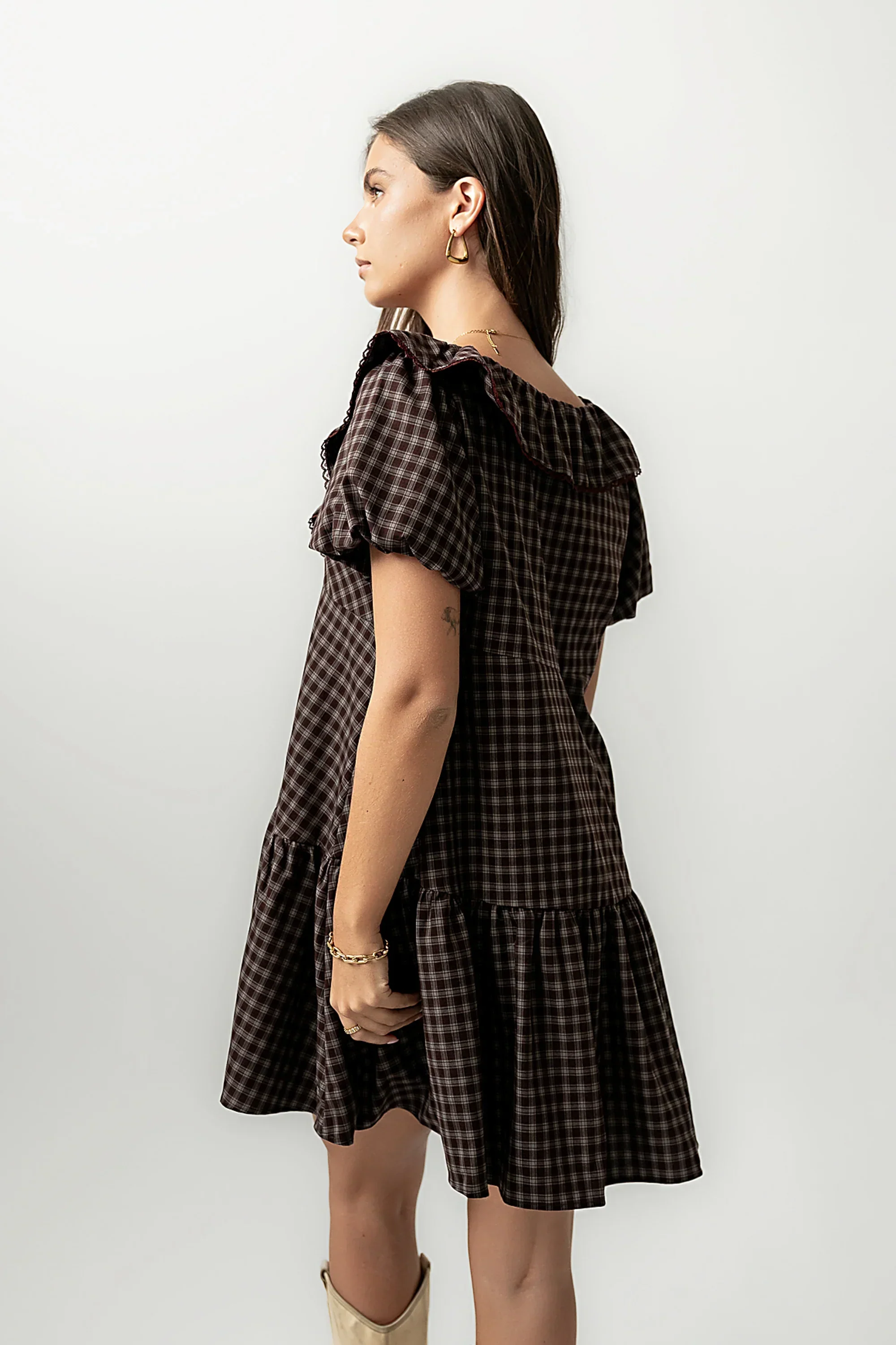 Tony Gingham Baby Doll Dress In Brown - FASHION NOB